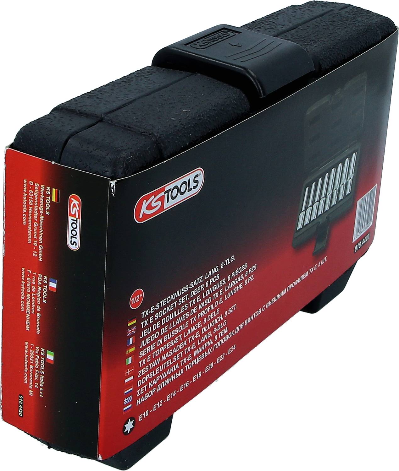 Czarny walizka narzędziowa firmy KS Tools z czerwoną etykietą, zawierająca zestaw kluczy nasadowych.