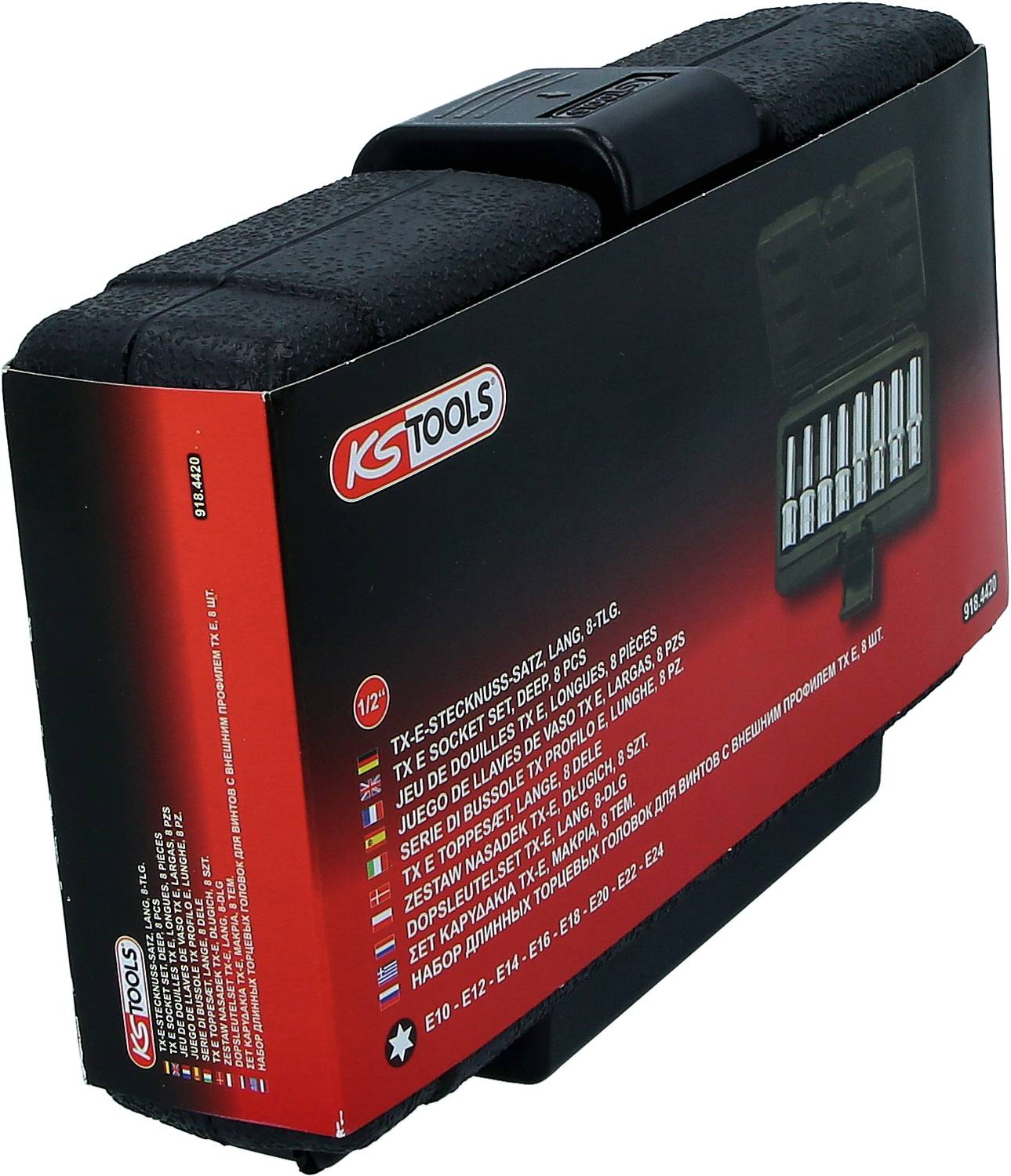 Czarne etui z czerwoną etykietą, na której znajduje się logo i opis 13-elementowego zestawu kluczy nasadowych, przydatnych do różnych zadań związanych z dokręcaniem śrub.