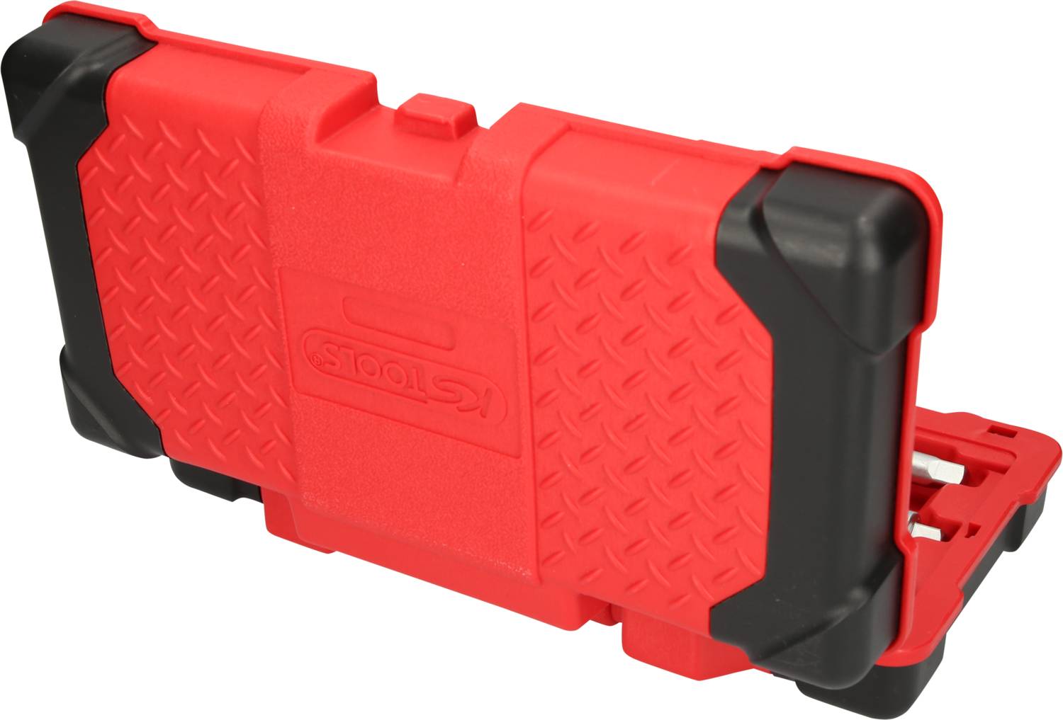 Czerwony walizka na narzędzia z czarną obwódką i wytrzymałym uchwytem, odpowiednia do bezpiecznego transportu narzędzi.