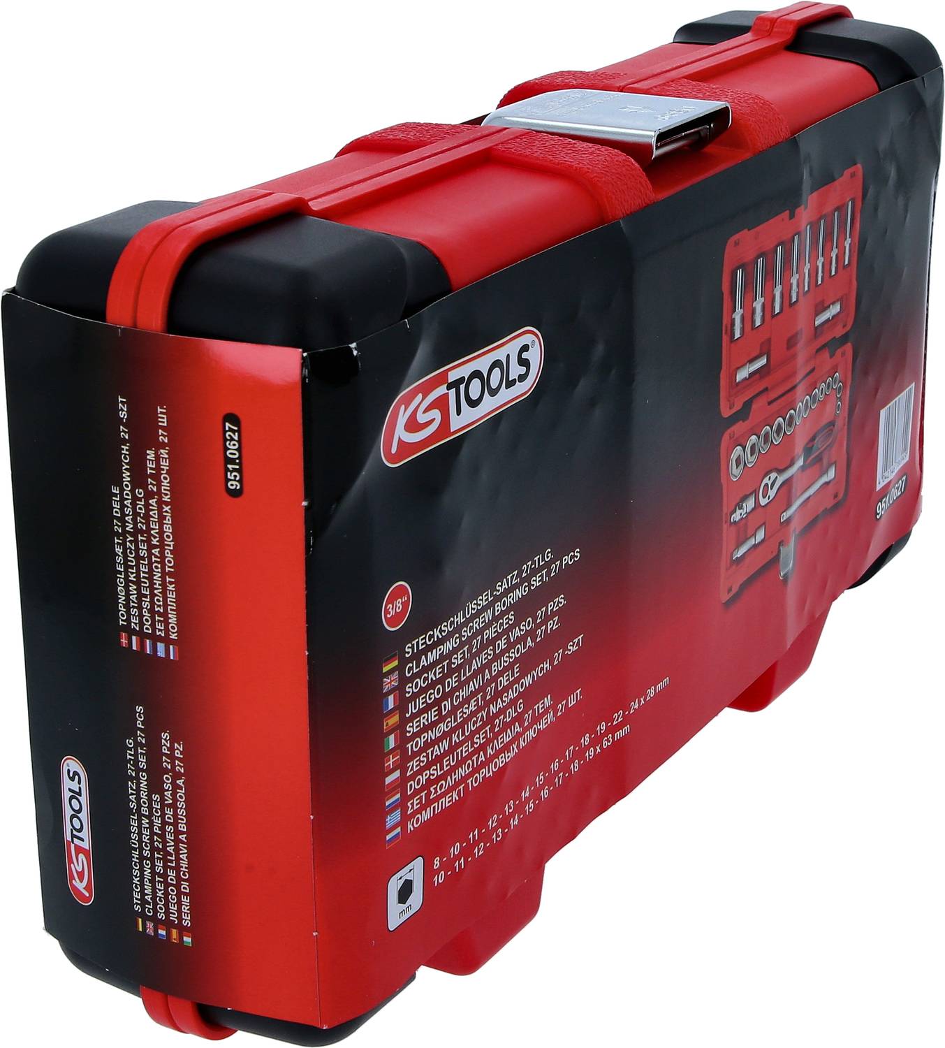 Czerwony kufer narzędziowy marki 'KS Tools', stojący, z widocznym naciskiem zawartości po stronie. Zawiera różne narzędzia ręczne.