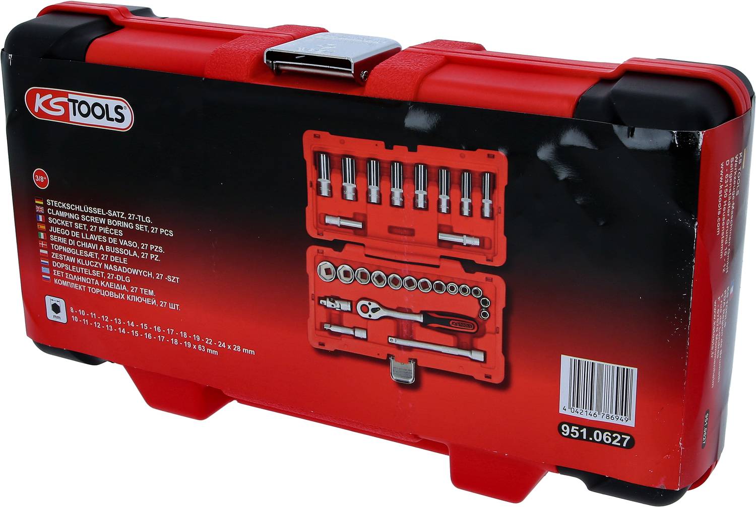 Czerwona skrzynka narzędziowa marki KS Tools, wyposażona w różne klucze nasadowe, końcówki i grzechotkę, prezentowana na opakowaniu.