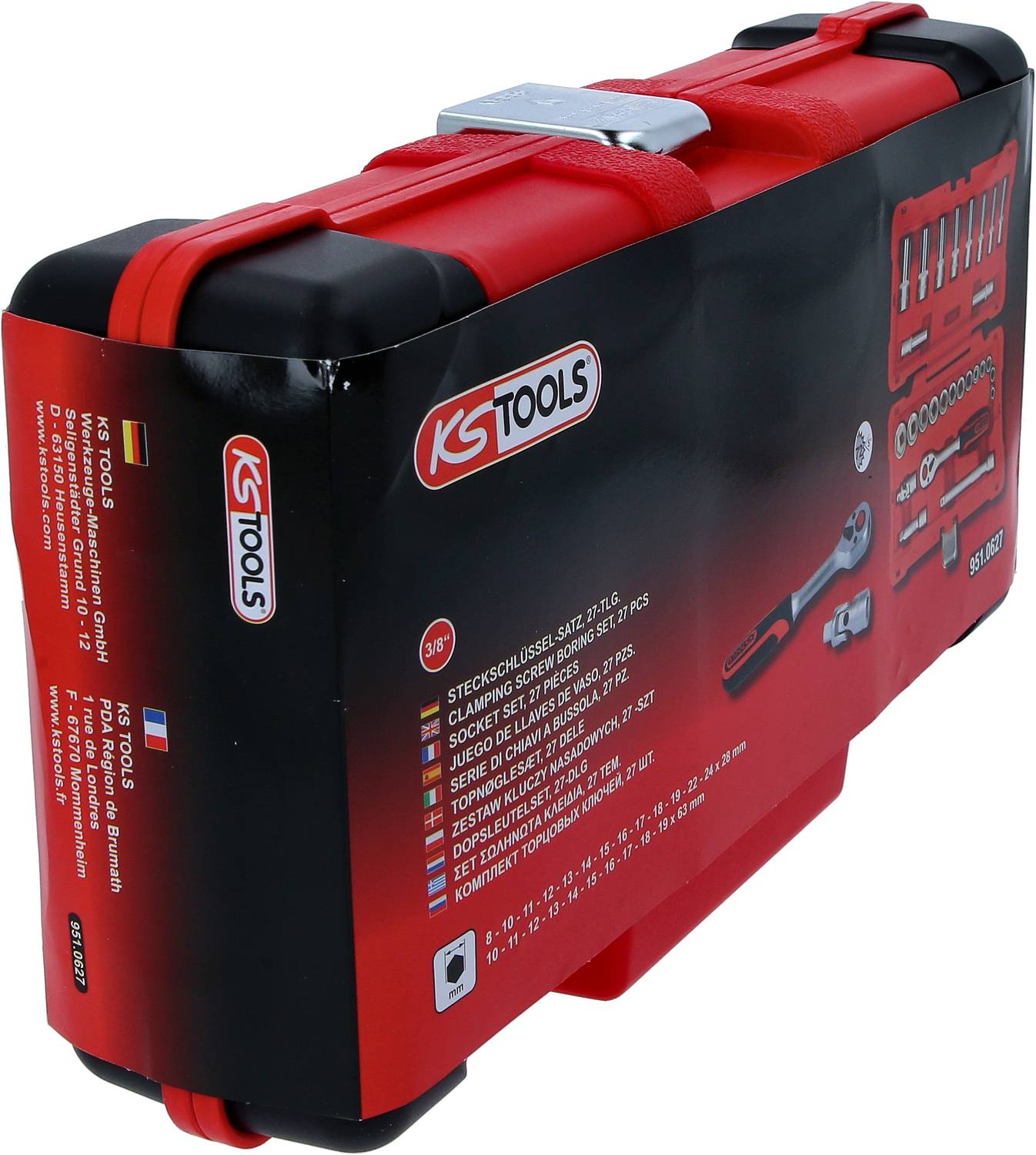 Zestaw narzędzi firmy KS Tools w kolorach czerwonym i czarnym, prezentujący różne rozmiary kluczy nasadowych i inne narzędzia na opakowaniu.