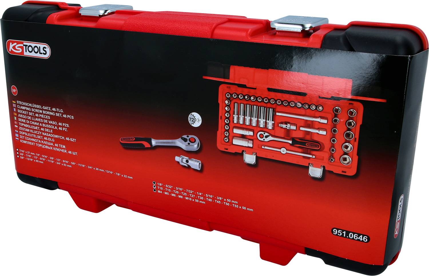 Czerwona skrzynka narzędziowa z grzechotkami, nasadkami i osprzętem, przedstawiona na opakowaniu z numerem produktu 951.0646.