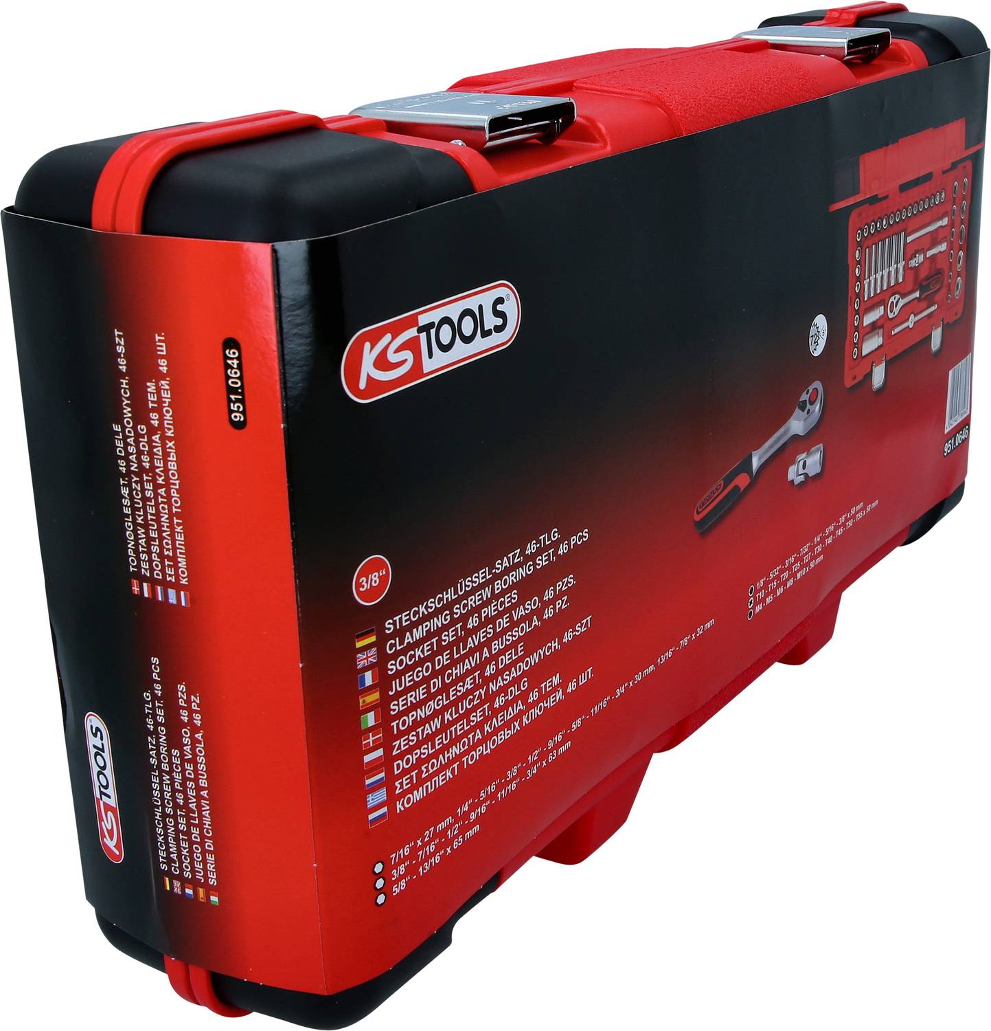 Czerwona skrzynka narzędziowa firmy KS Tools z przedstawionym zestawem kluczy nasadowych i narzędziami. Nadaje się do wygodnego transportu narzędzi.