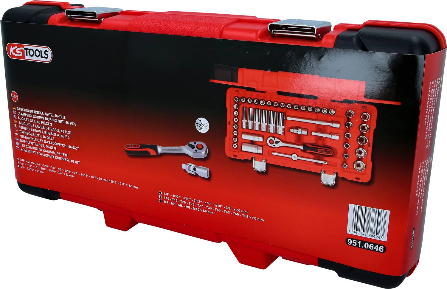 Czerwony zestaw narzędziowy firmy KS Tools z zestawem kluczy nasadowych i grzechotką. Numer modelu: 951.0646.