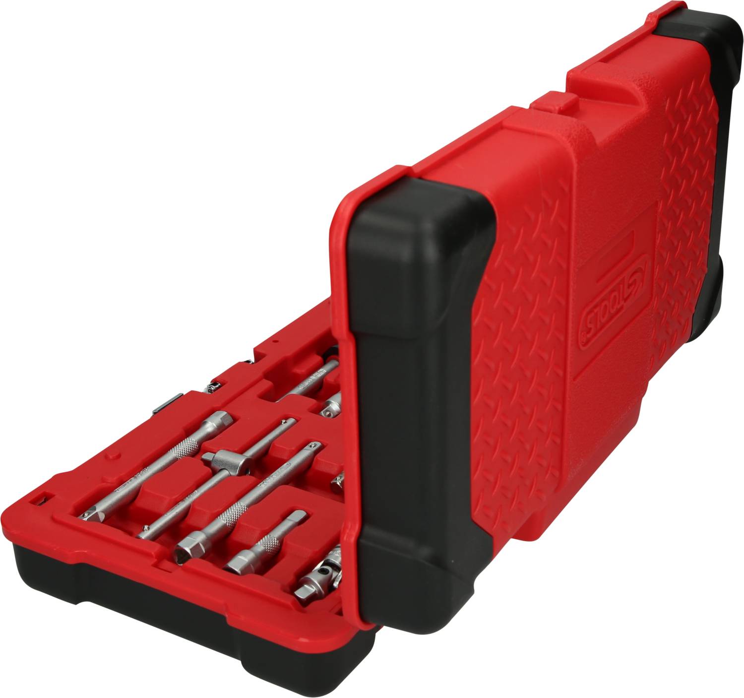 Czerwona skrzynka narzędziowa z tworzywa sztucznego z wieloma kluczami nasadowymi w różnych rozmiarach. Skrzynka jest częściowo otwarta.