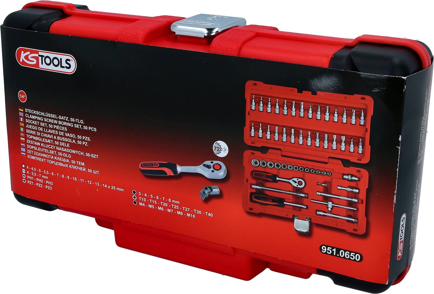 Zestaw kluczy z grzechotką marki KS Tools, model 951.0650, w czerwonym pudełku. Zawiera różne bity i końcówki, które są przedstawione wewnątrz opakowania.