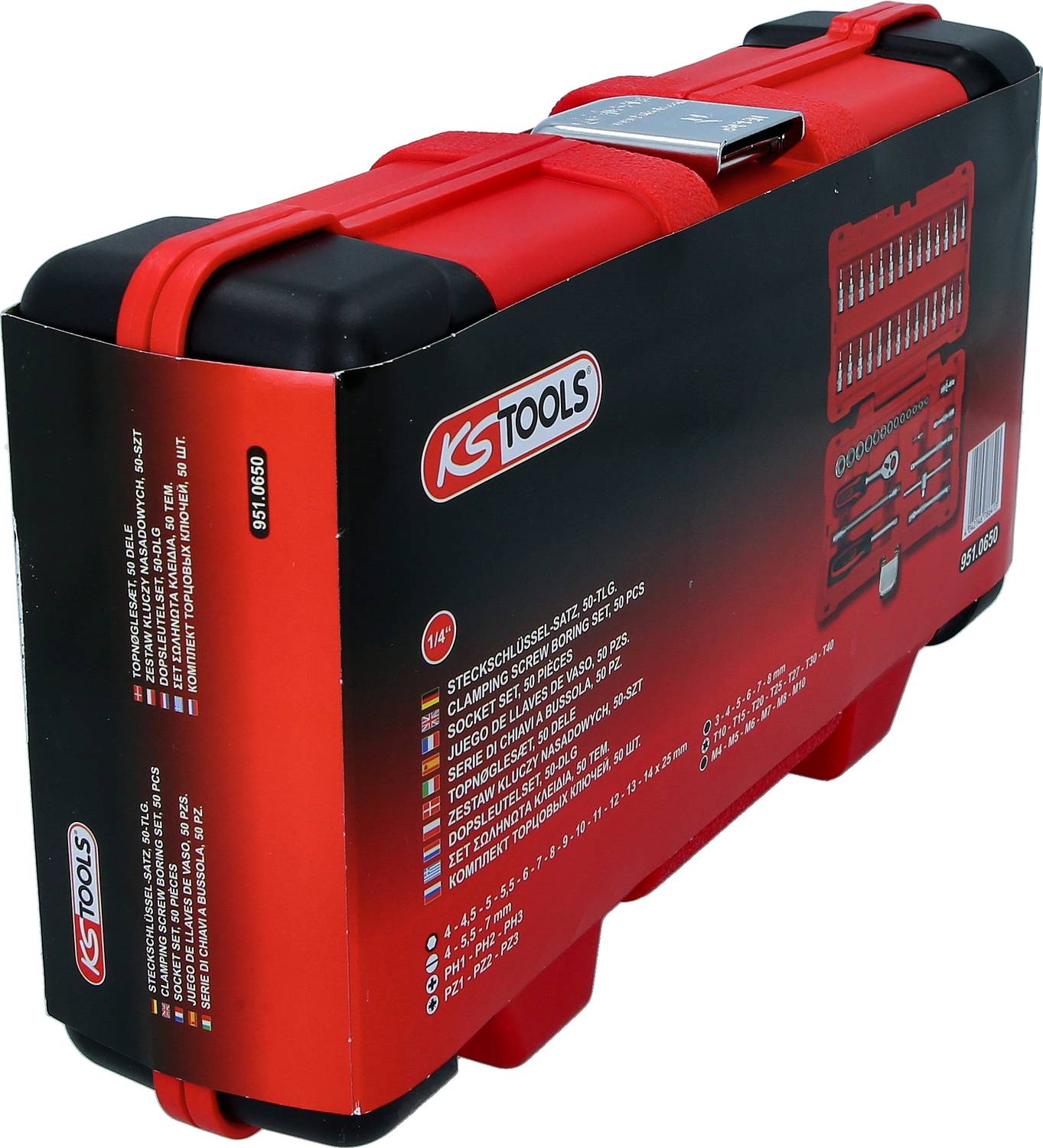 Czerwona skrzynka narzędziowa z logo KS Tools. Zawiera zestaw kluczy nasadowych, różne narzędzia i akcesoria. Odpowiednia do wszechstronnego zastosowania.