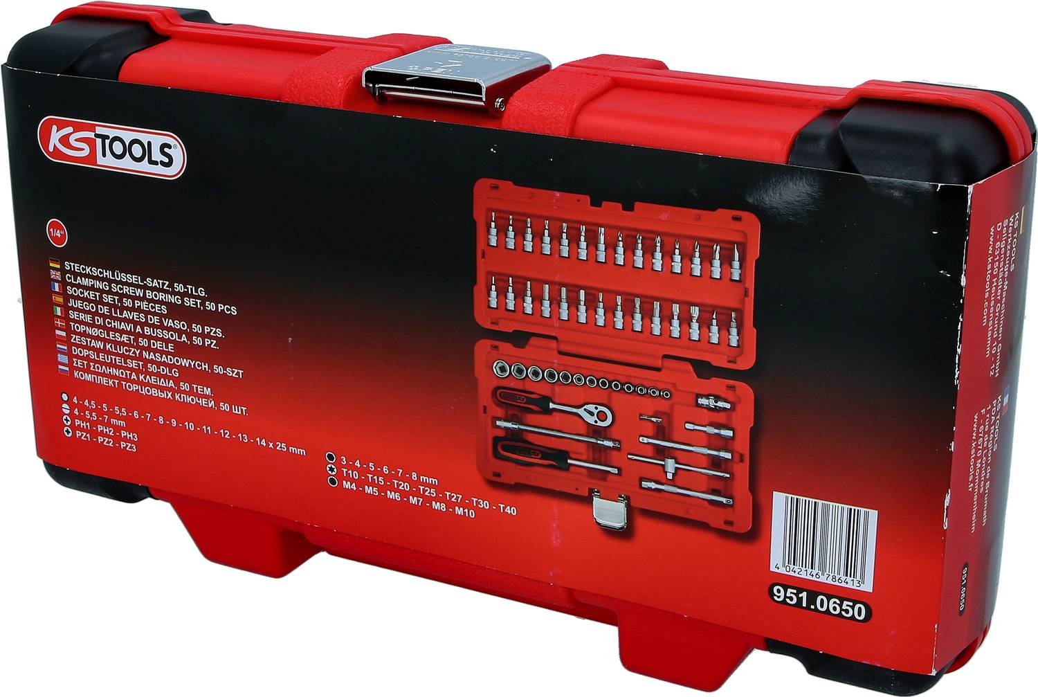 Czerwona skrzynka narzędziowa z logo KS Tools, zawierająca różne nasadki, bity i narzędzia.
