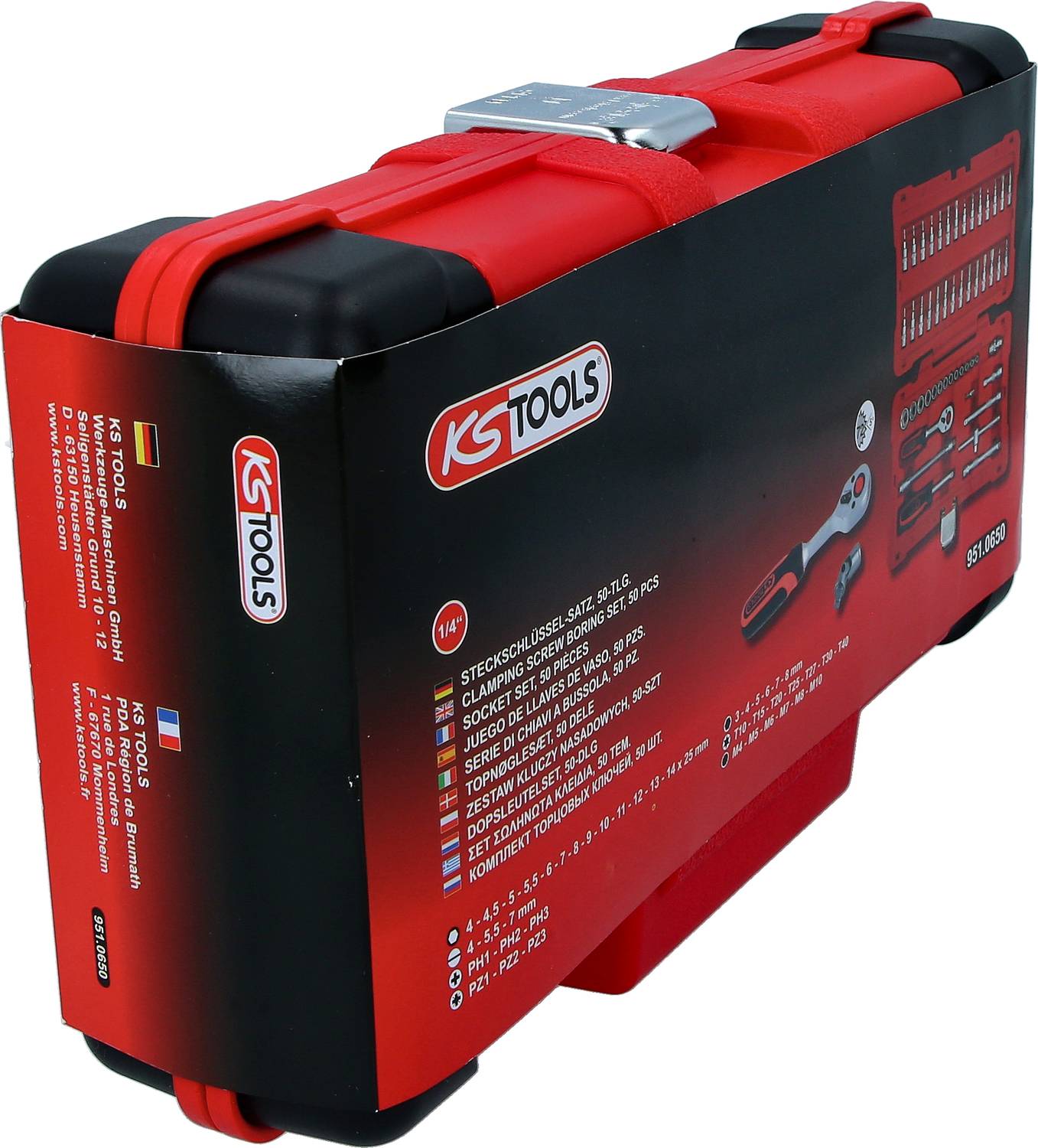 Zestaw narzędziowy firmy KS Tools w kolorach czerwonym i czarnym, przedstawiający kilka kompletów kluczy nasadowych i akcesoriów.
