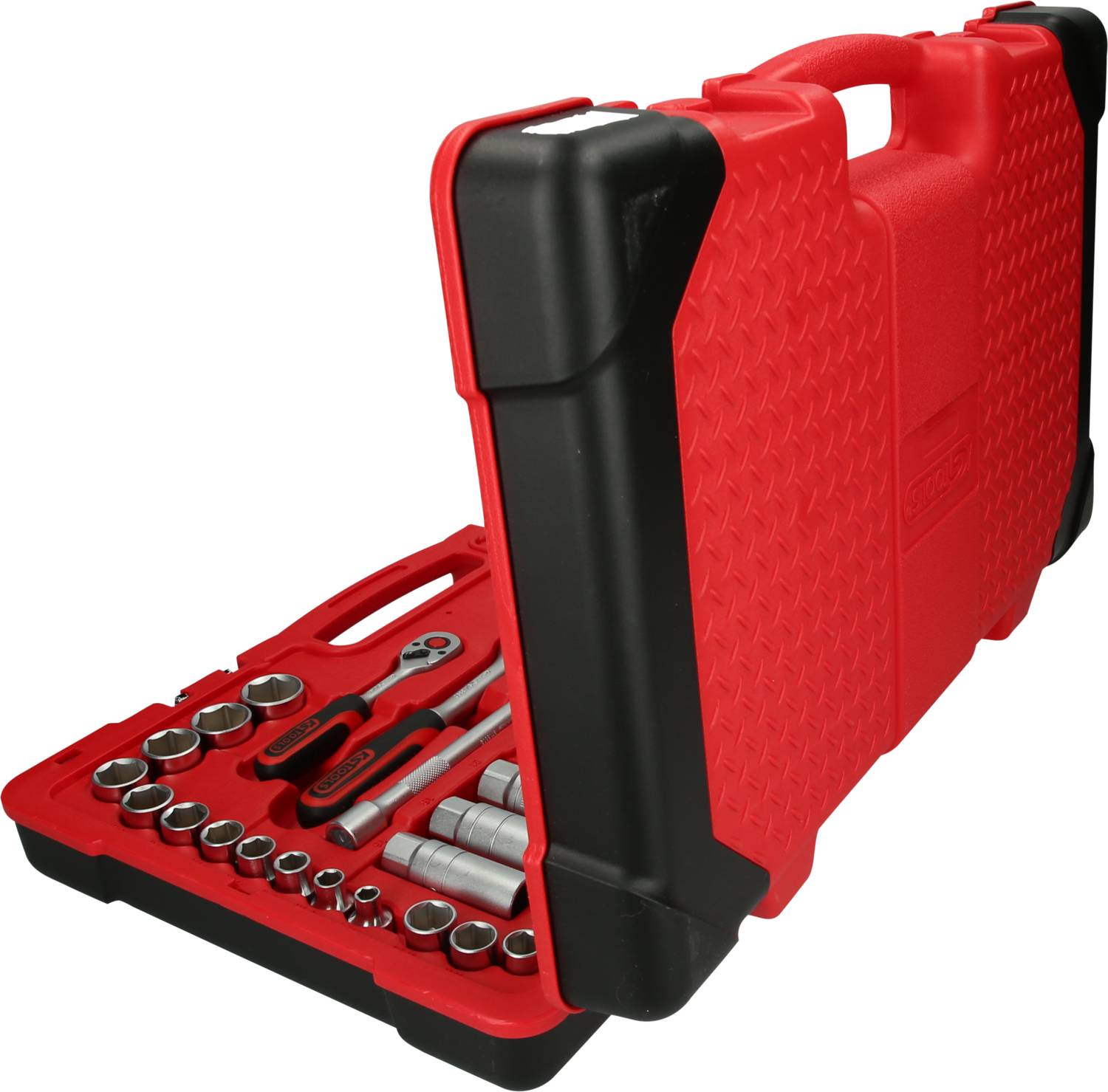 Czerwona skrzynka narzędziowa z różnymi kluczami nasadowymi i akcesoriami. Skrzynka jest otwarta i prezentuje starannie ułożone narzędzia.