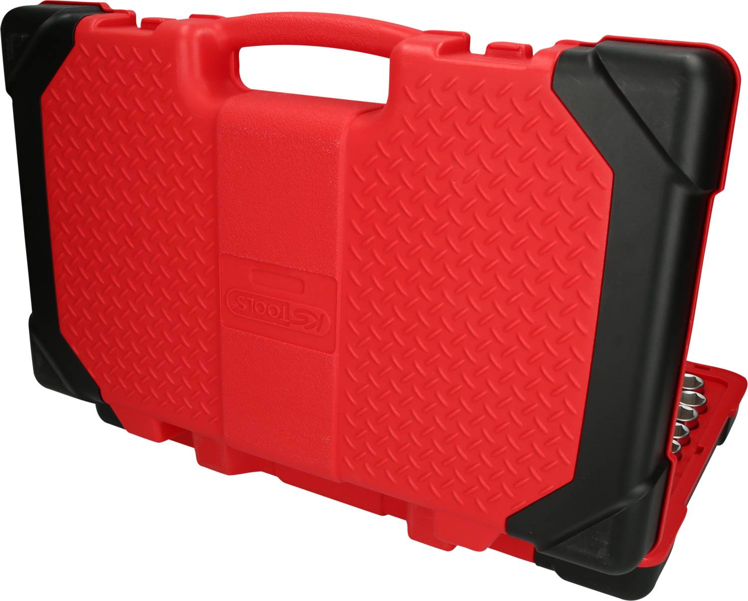 Czerwono-czarny kufer na narzędzia, częściowo otwarty, z widocznymi srebrnymi końcówkami narzędzi.