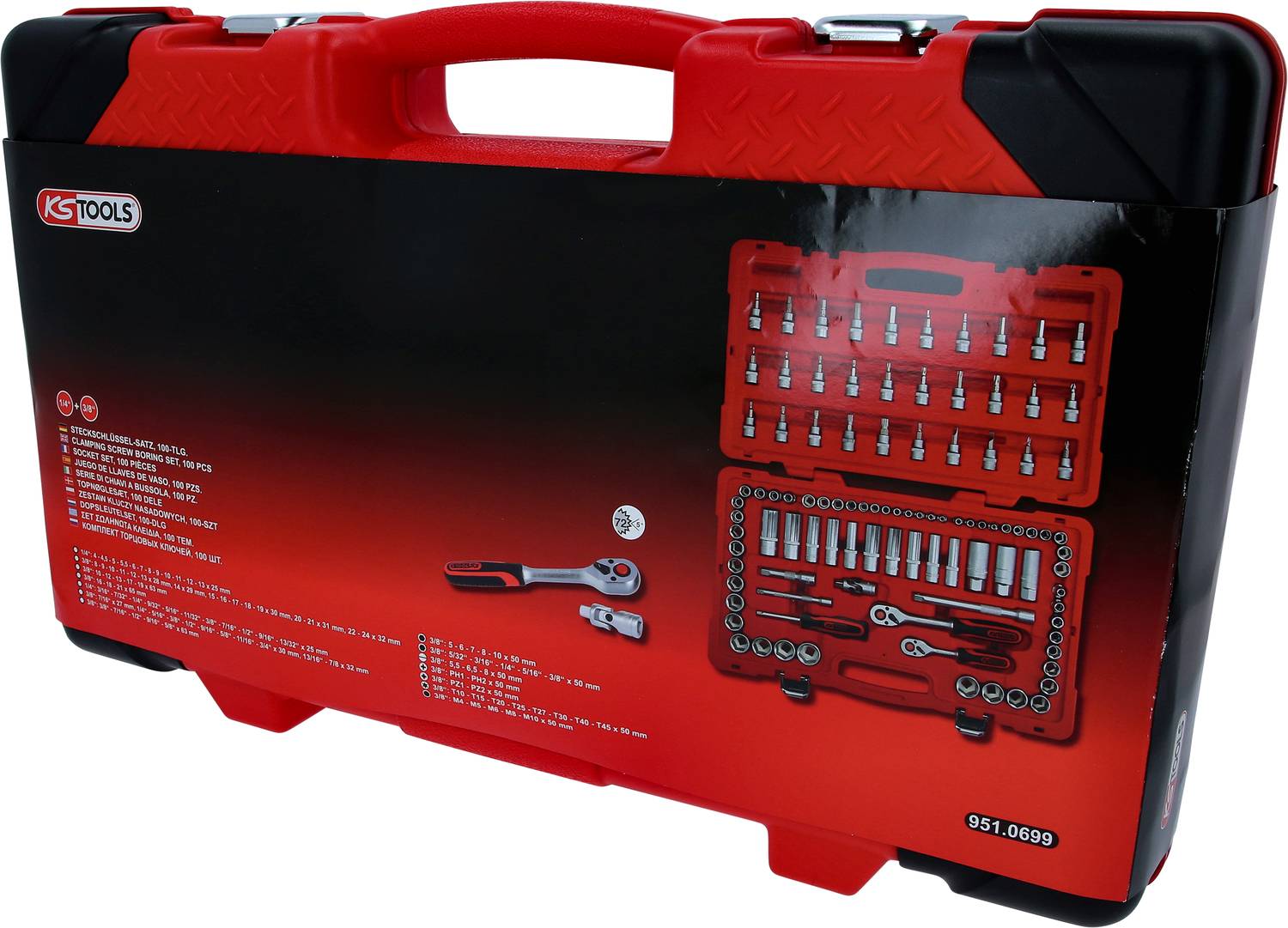 Czerwona skrzynka narzędziowa firmy KS Tools z zestawem kluczy nasadowych i różnymi końcówkami, odpowiednia do prac mechanicznych.