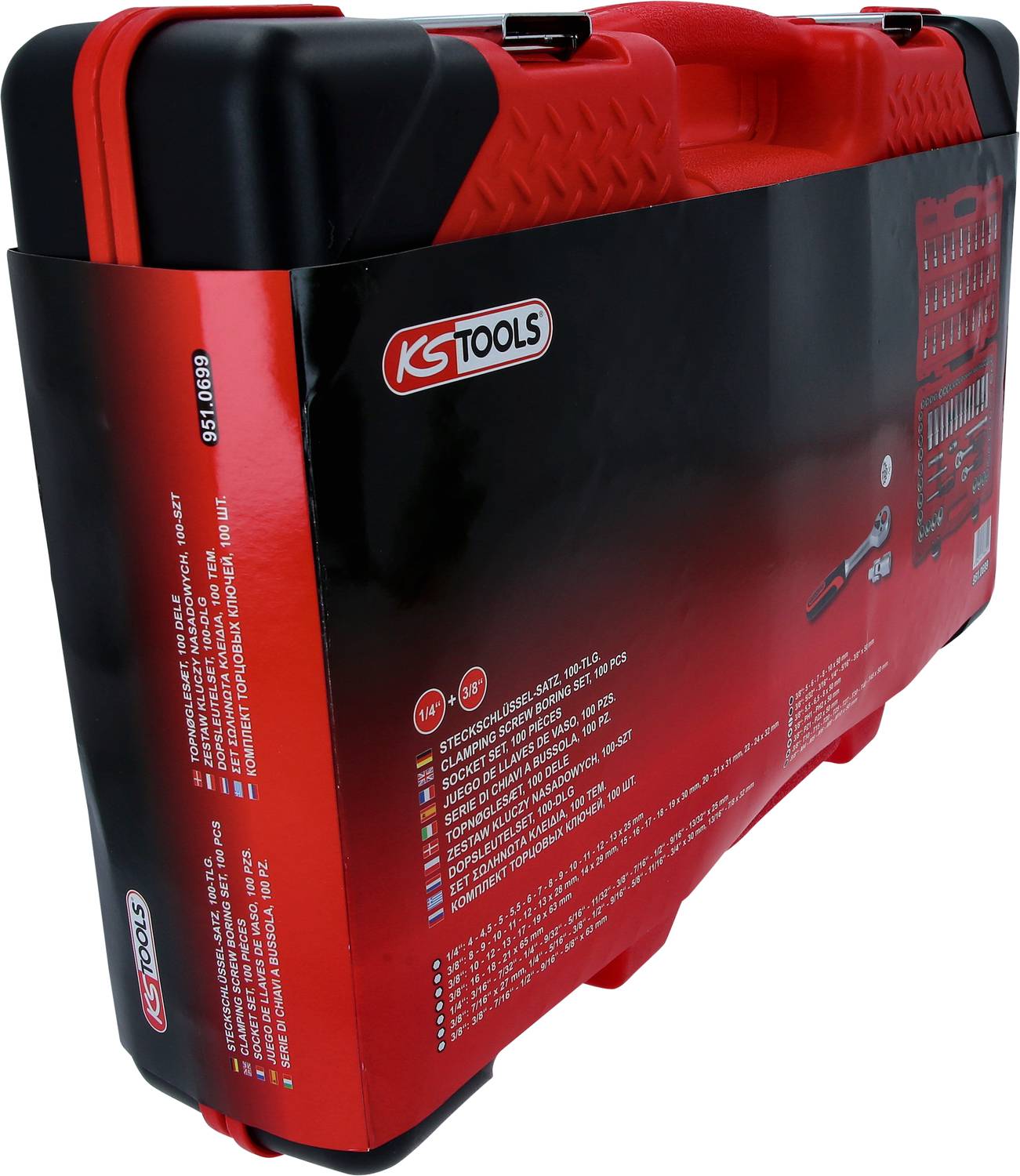 Czerwono-czarna skrzynka narzędziowa firmy KS Tools z uchwytem, sfotografowana z profilu.