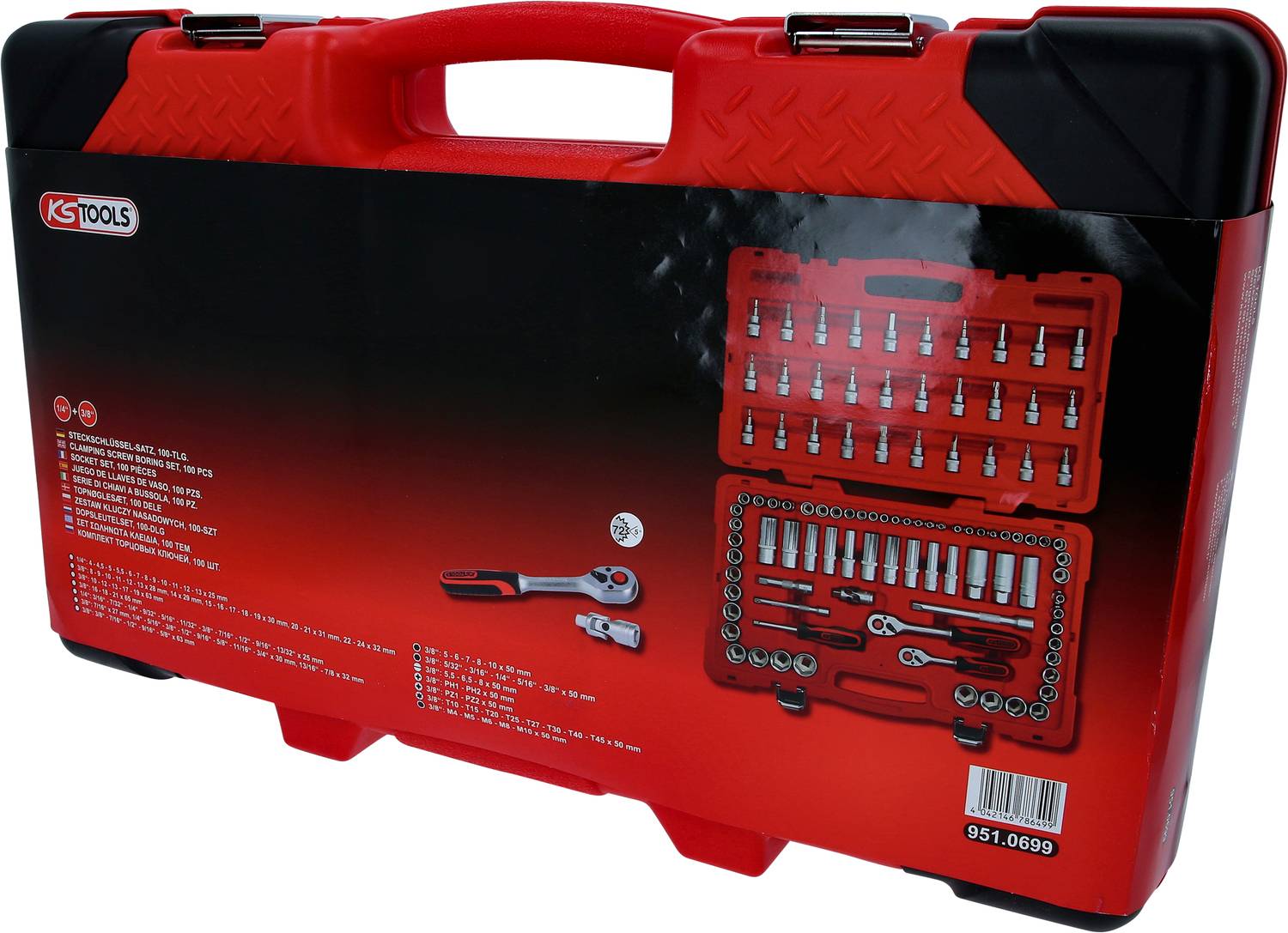 Zestaw narzędziowy z różnymi kluczami nasadowymi i końcówkami. Na opakowaniu przedstawiono zawarte w nim narzędzia.