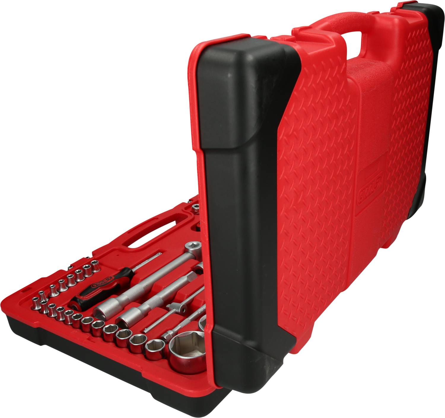 Czerwona skrzynka narzędziowa, częściowo otwarta, prezentuje różne klucze nasadowe i części wyposażenia.