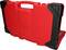 Czerwona plastikowa walizka na narzędzia z czarnymi narożnikami, zamknięta, stoi pionowo. Prawdopodobnie zawiera narzędzia do prac naprawczych.