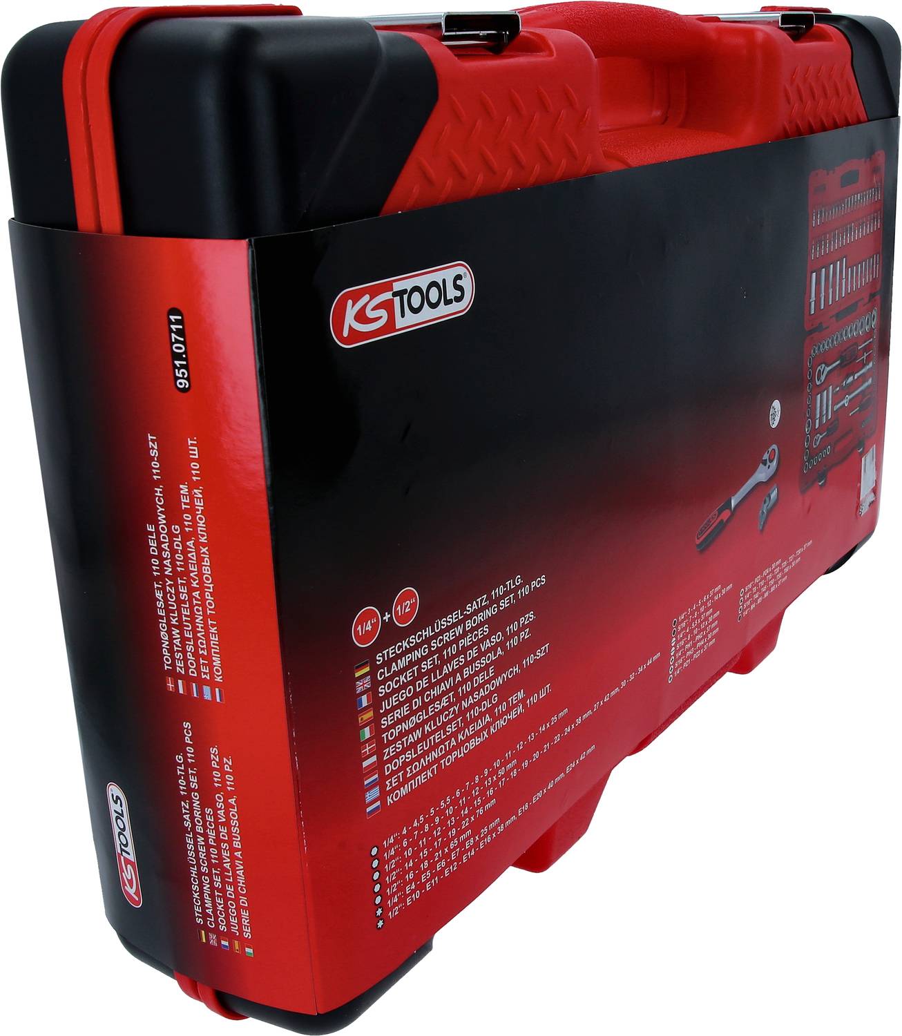 Czarny kufer na narzędzia z czerwonym uchwytem i logo KS Tools. Zawiera zestaw kluczy nasadowych i akcesoria. Opis produktu znajduje się na stronie.