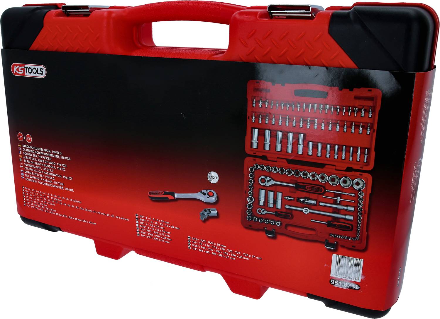 Czerwona skrzynka narzędziowa firmy KS TOOLS z zestawem kluczy z grzechotką i nasadowych. Przedstawione narzędzia i części są wymienione.