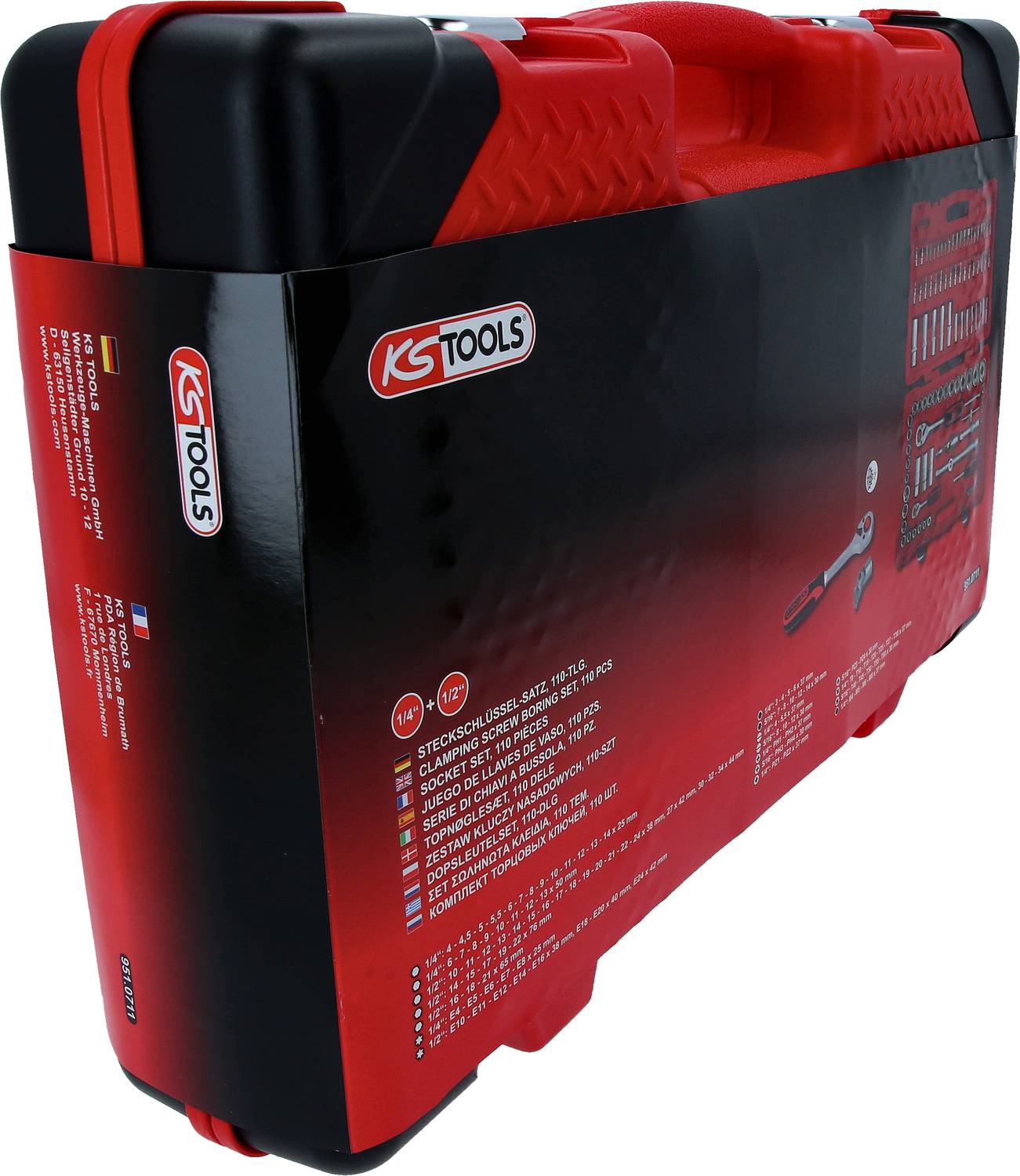 Czarny kufer narzędziowy z czerwonym uchwytem i logo KS Tools. Zawiera różne narzędzia, wymienione na opakowaniu.
