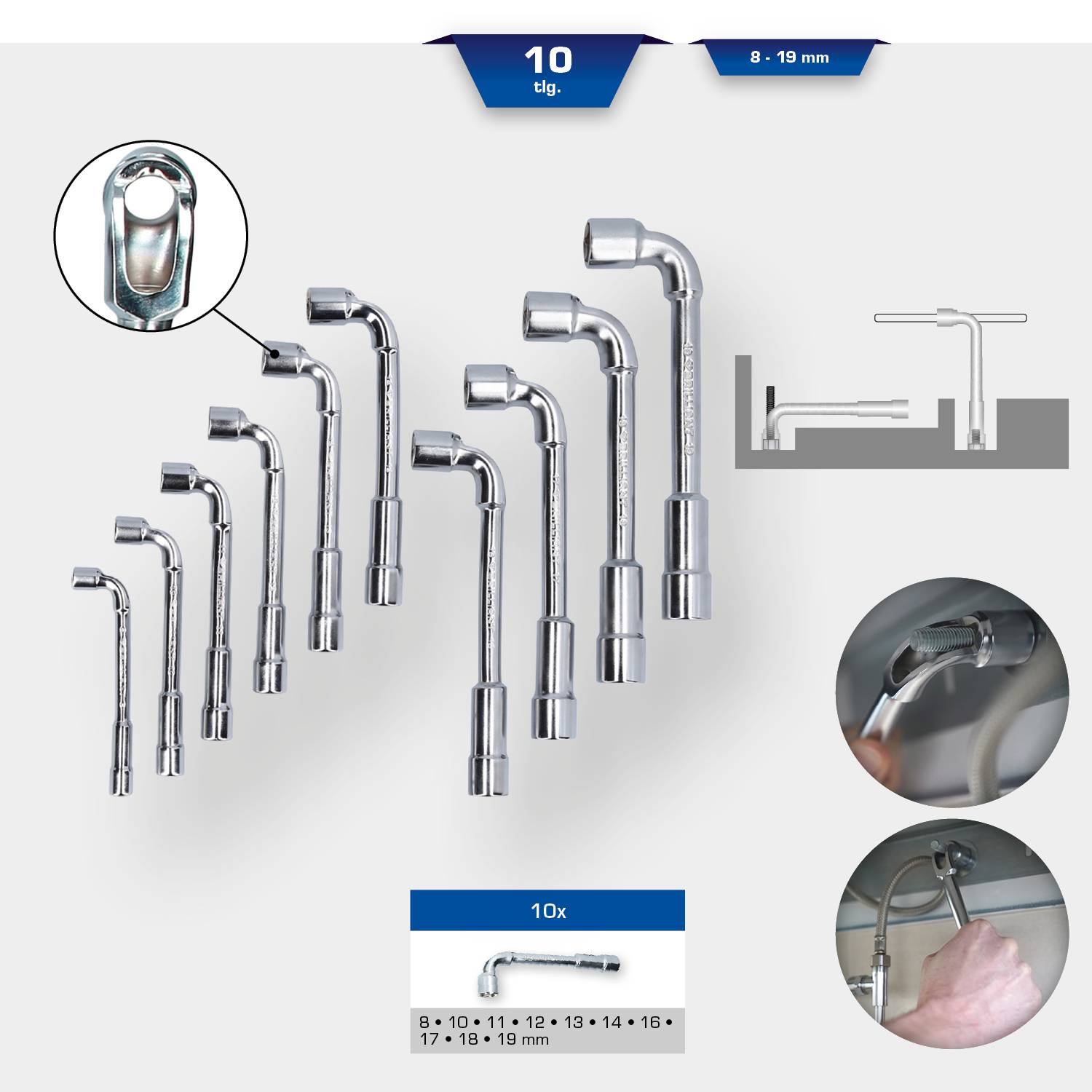 Zestaw dziesięciu kluczy płasko-oczkowych z mechanizmem zapadkowym, rozmiary 8-19 mm, ze szczególnym uwzględnieniem kształtu L oraz mechanizmu blokowania, prezentowany w zastosowaniu.