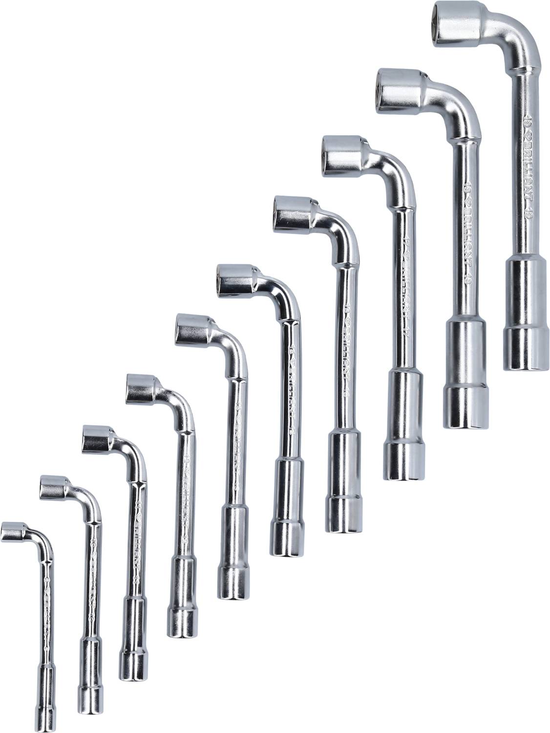 Zestaw dziewięciu chromowanych kluczy imbusowych, ułożonych według rozmiaru od najmniejszego do największego. Nadają się do prac mechanicznych.