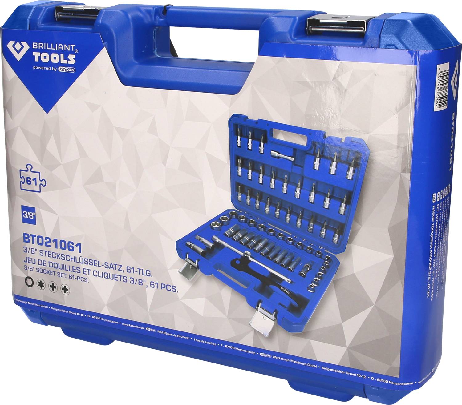 Niebieski walizka narzędziowa firmy Brilliant Tools z zestawem kluczy nasadowych 3/8". W walizce pokazano 61 różnych elementów.