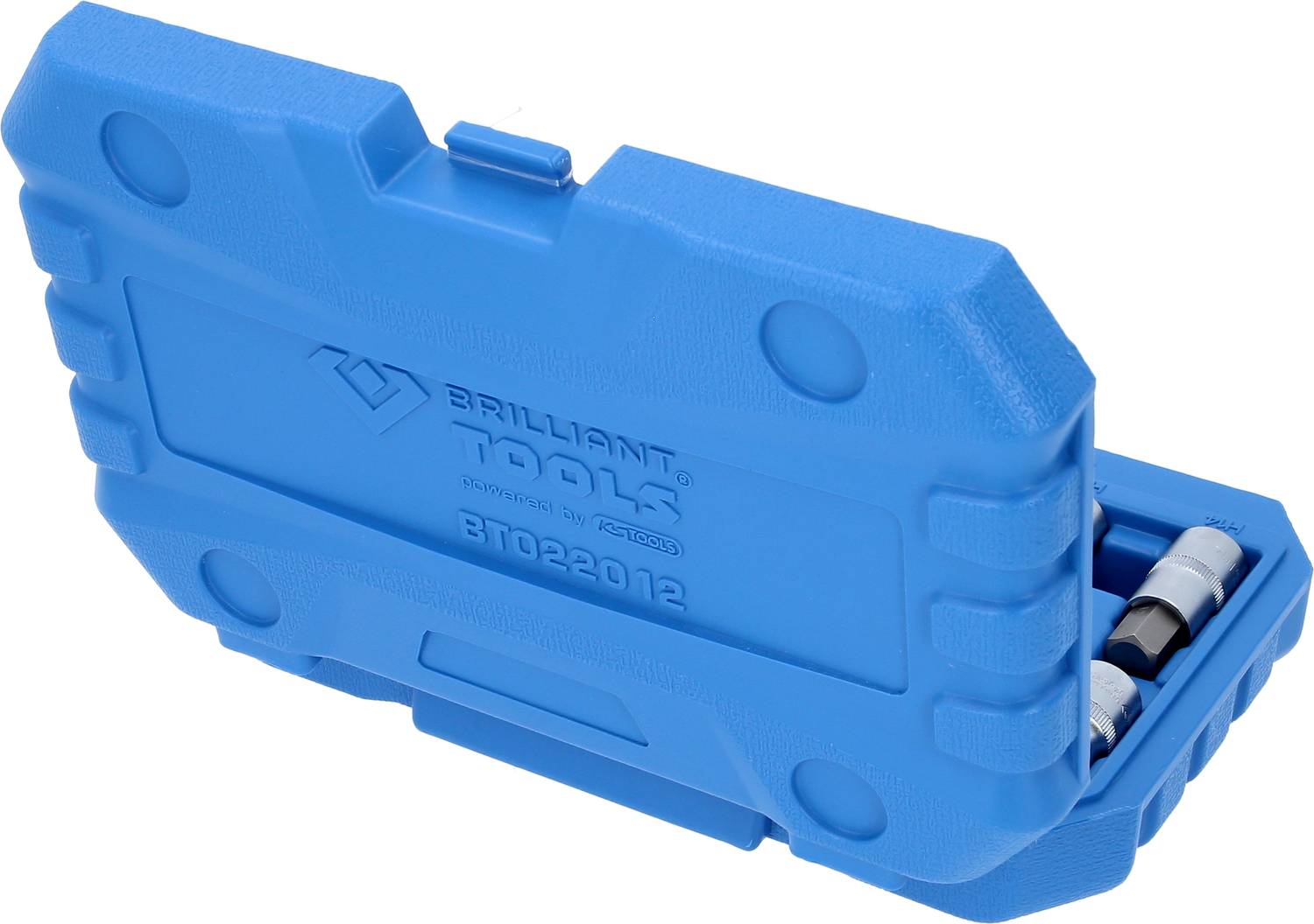 Niebieska, składana walizka z napisem 'Brilliant Tools'. Zawiera narzędzia, częściowo widoczne, do przechowywania.