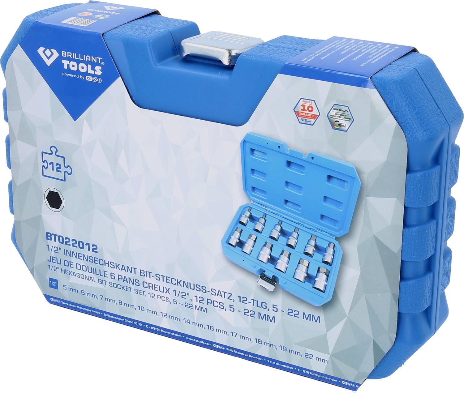 Niebieski plastikowy kufer firmy 'Brilliant Tools', zawierający zestaw nasadek z bitami sześciokątnymi 1/2", 12 elementów, rozmiary 5-22 mm.