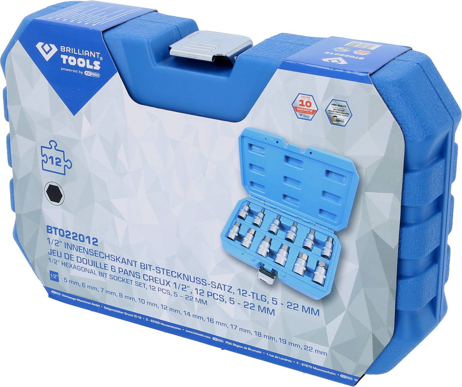 Niebieski kufer na narzędzia z zestawem 12 nasadek bitowych z chwytem wewnętrznym sześciokątnym 1/2 cala, o rozmiarach od 5 do 22 mm, przedstawiony na opakowaniu.