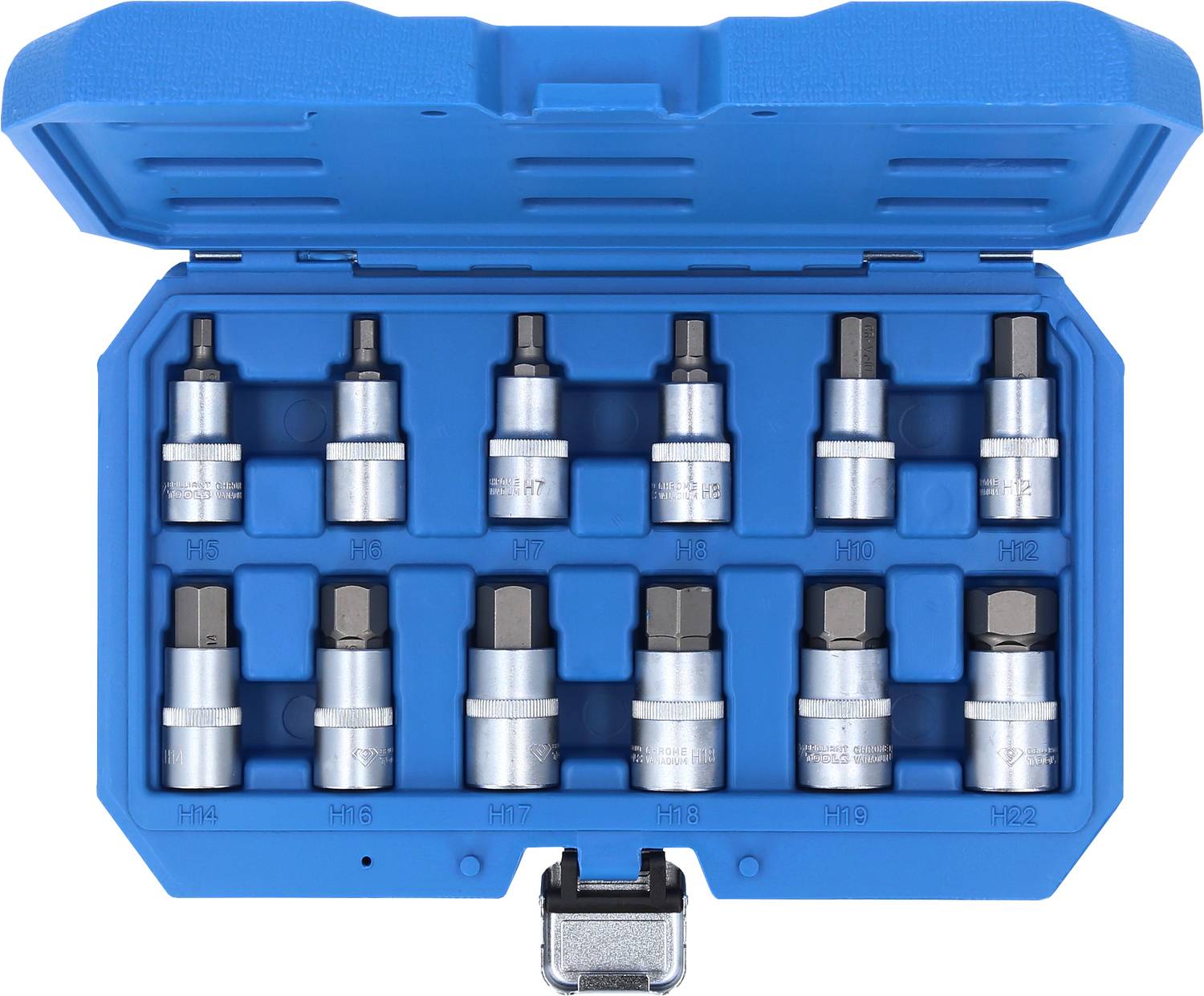 Niebieski kufer zawiera dwanaście nasadek do klucza w różnych rozmiarach, ułożonych w specjalnie ukształtowanej wkładce transportowej.