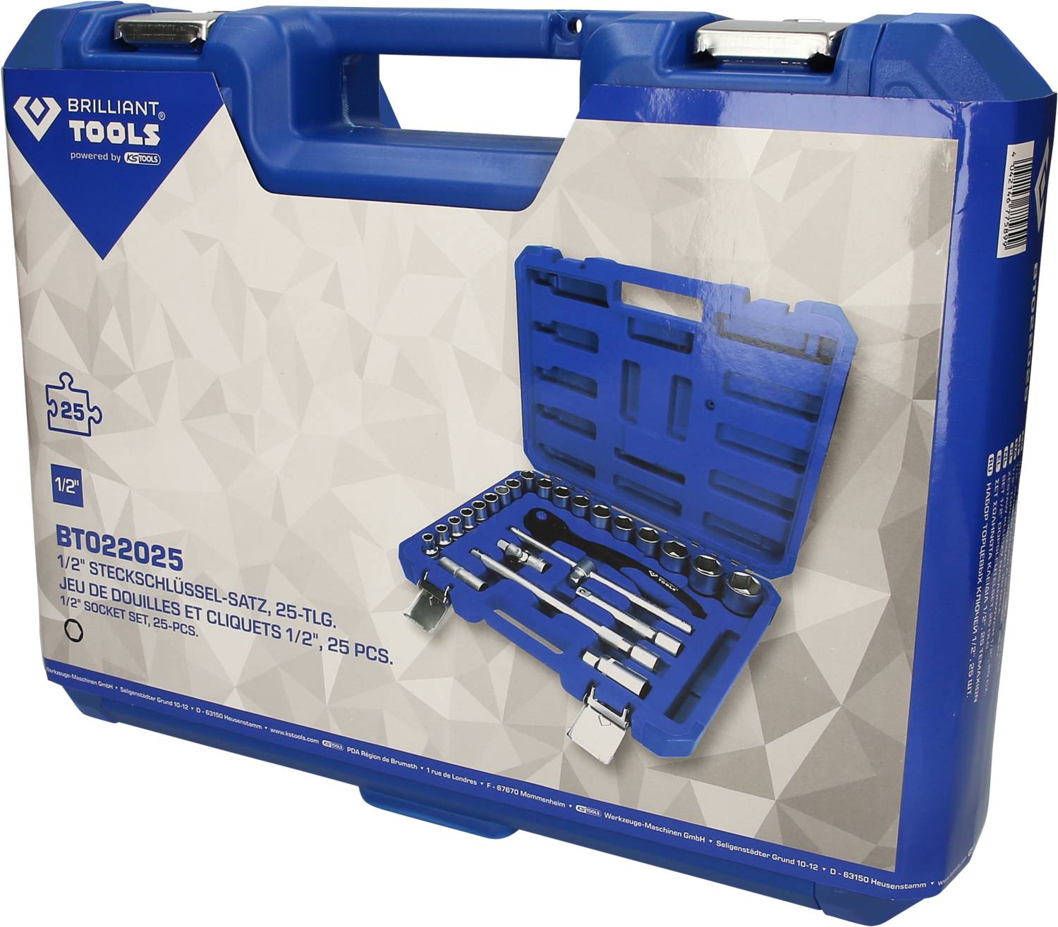 Niebieski kufer narzędziowy z 25-elementowym zestawem kluczy nasadowych 1/2 cala, przedstawiony na opakowaniu wraz z zawartymi w nim narzędziami.