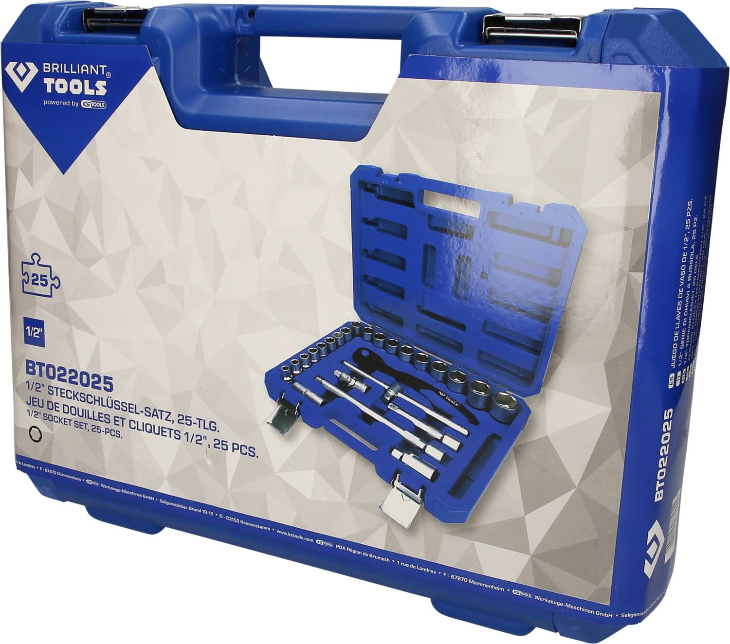 Niebieski kufer narzędziowy z zestawem kluczy nasadowych 1/2", 25-elementowy. Przedstawiono otwarte opakowanie z różnymi narzędziami.