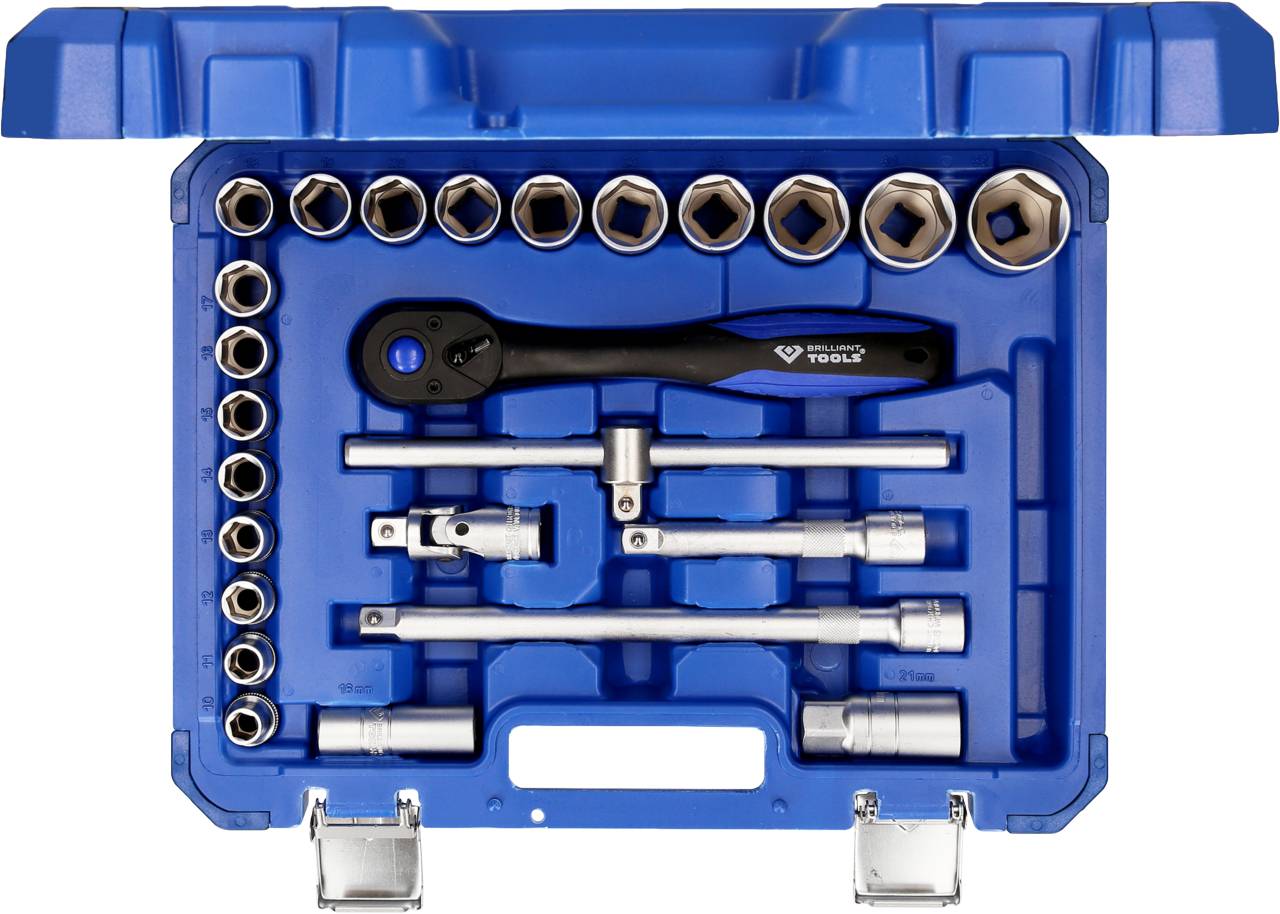 Zestaw kluczy nasadowych w niebieskiej walizce z różnymi końcówkami i grzechotką do obsługi.