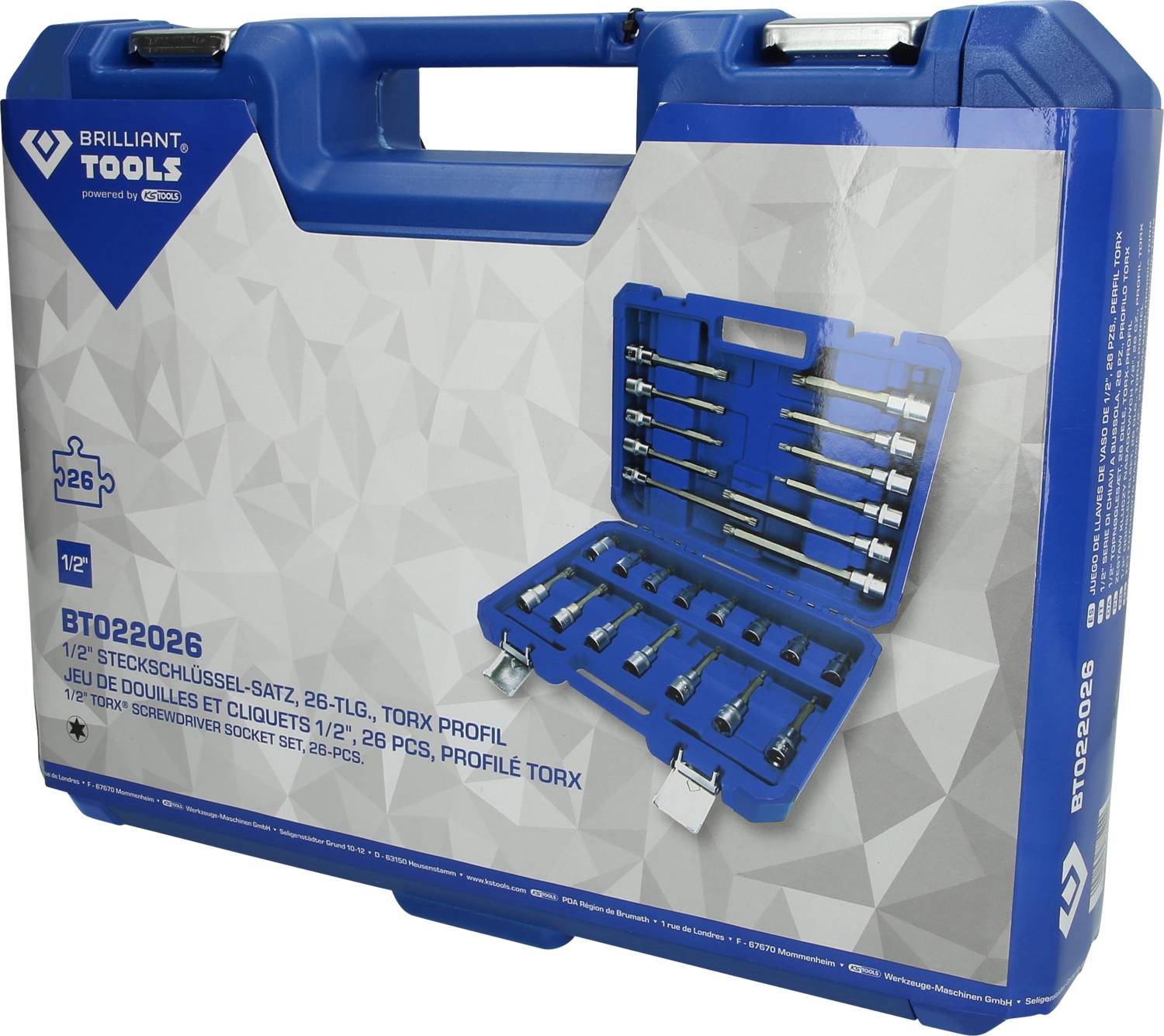 Niebieski kufer z zestawem kluczy nasadowych 1/2 cala, 26-częściowy, o profilu Torx. Zawiera starannie ułożone różne narzędzia.