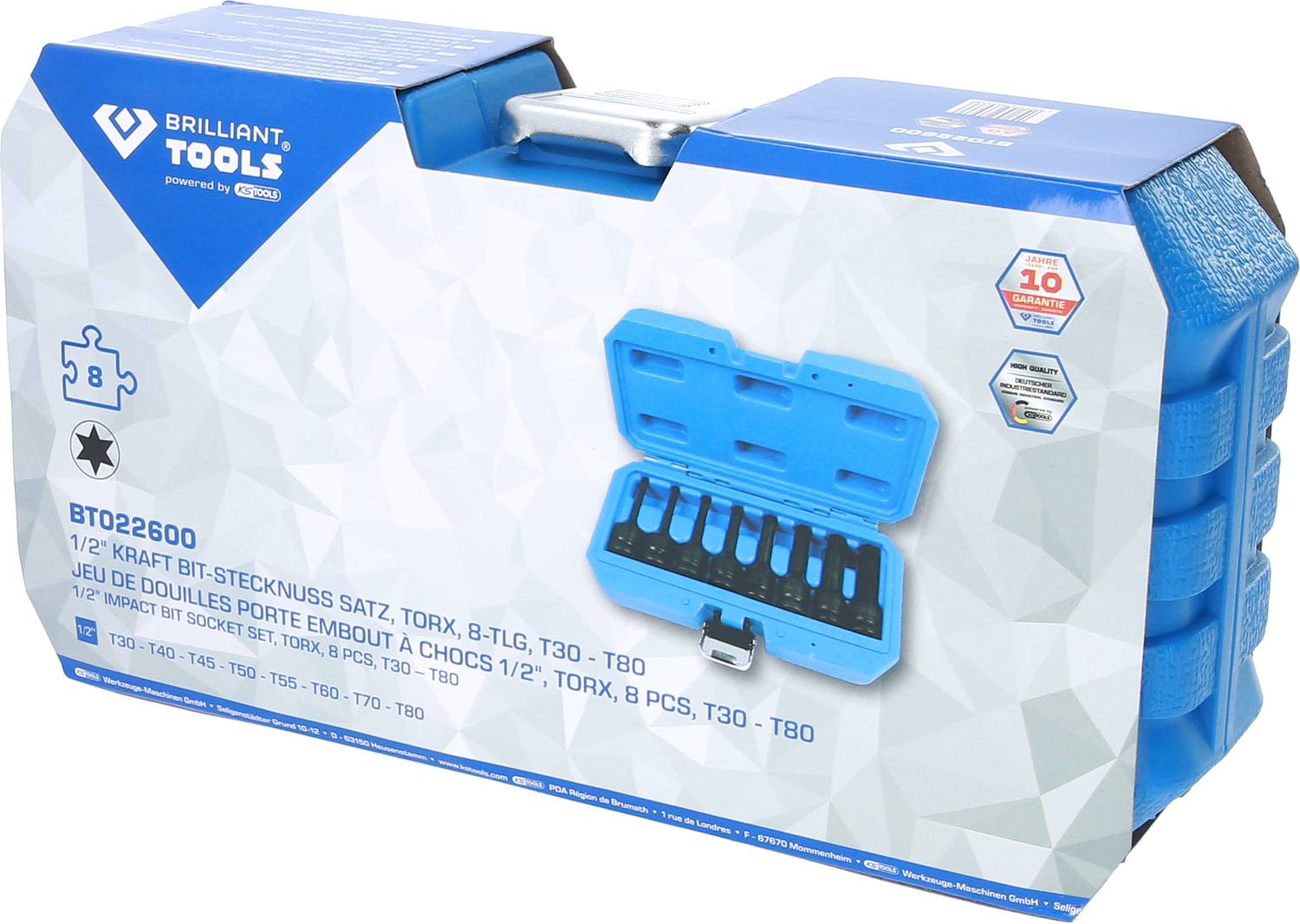 Zestaw 8 nasadek TORX w niebieskim pudełku, model BT022600, przedstawiony na opakowaniu z zintegrowanym uchwytem transportowym.