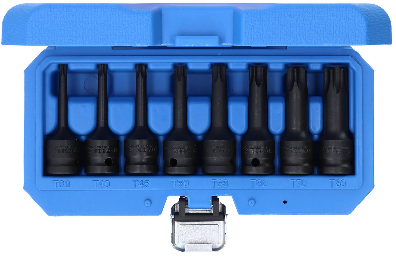 Zestaw grotów Torx do wkrętaka udarowego w niebieskim pudełku z tworzywa sztucznego. Goty są ułożone według rozmiaru.