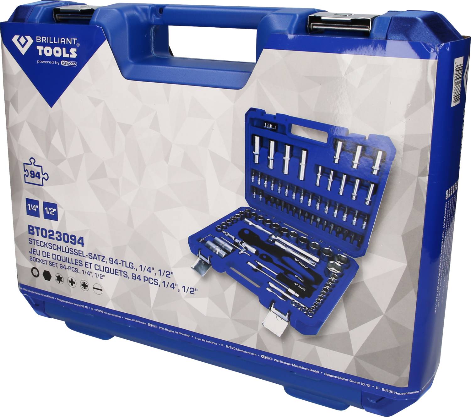 Niebieski walizka narzędziowa z 94-elementowym zestawem kluczy nasadowych, w tym z grzechotkami, przedłużkami i końcówkami. Nazwa marki w lewym górnym rogu.