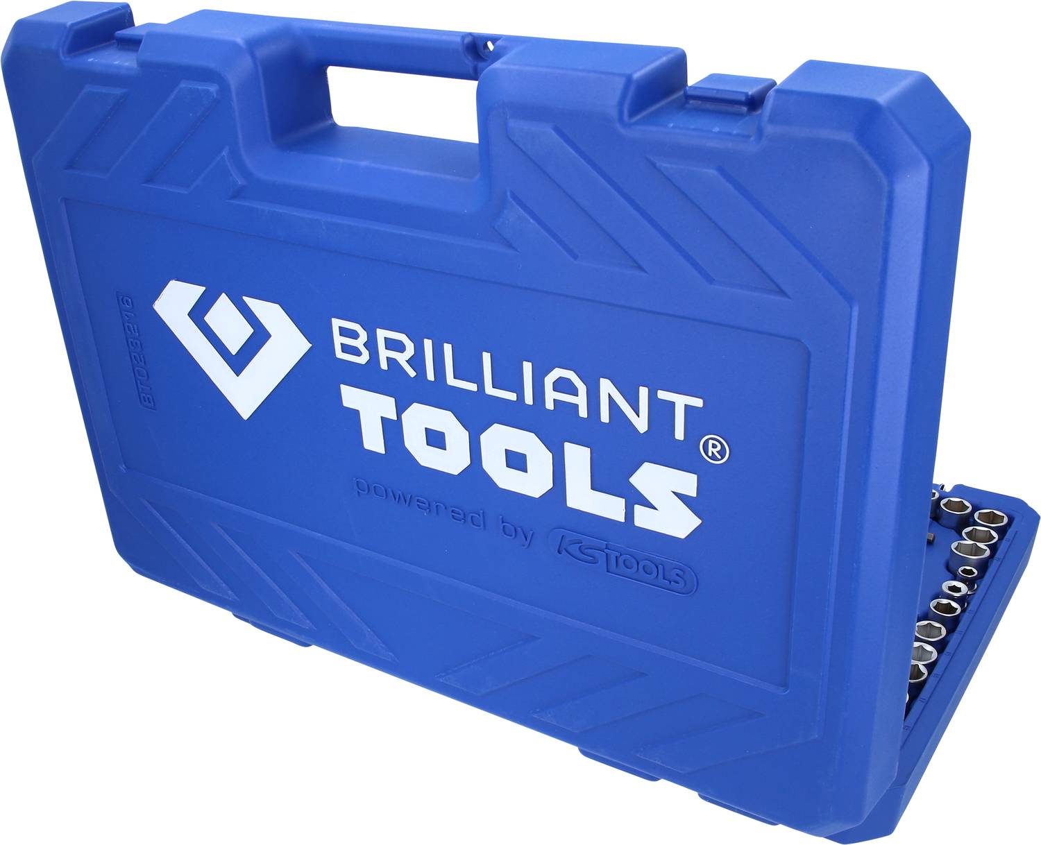 Niebieski walizka na narzędzia z napisem 'BRILLIANT TOOLS', częściowo otwarta, prezentuje zestaw kluczy nasadowych.