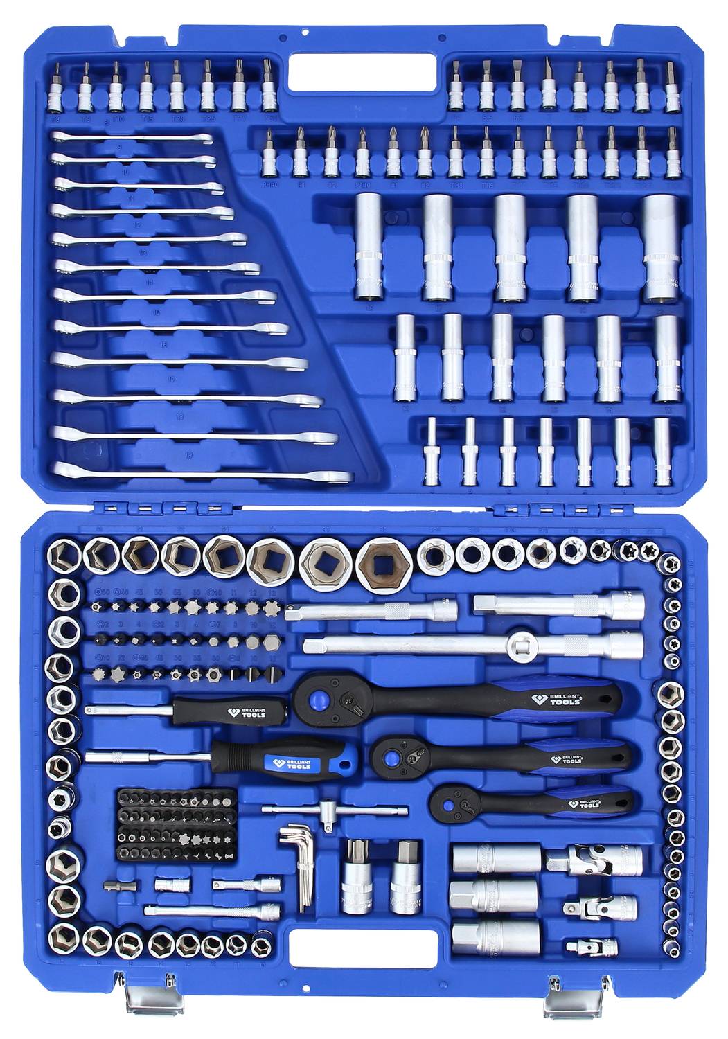 Niebieski zestaw narzędziowy z różnymi narzędziami: klucze, bity, nasadki i grzechotki ułożone w estetycznym porządku.