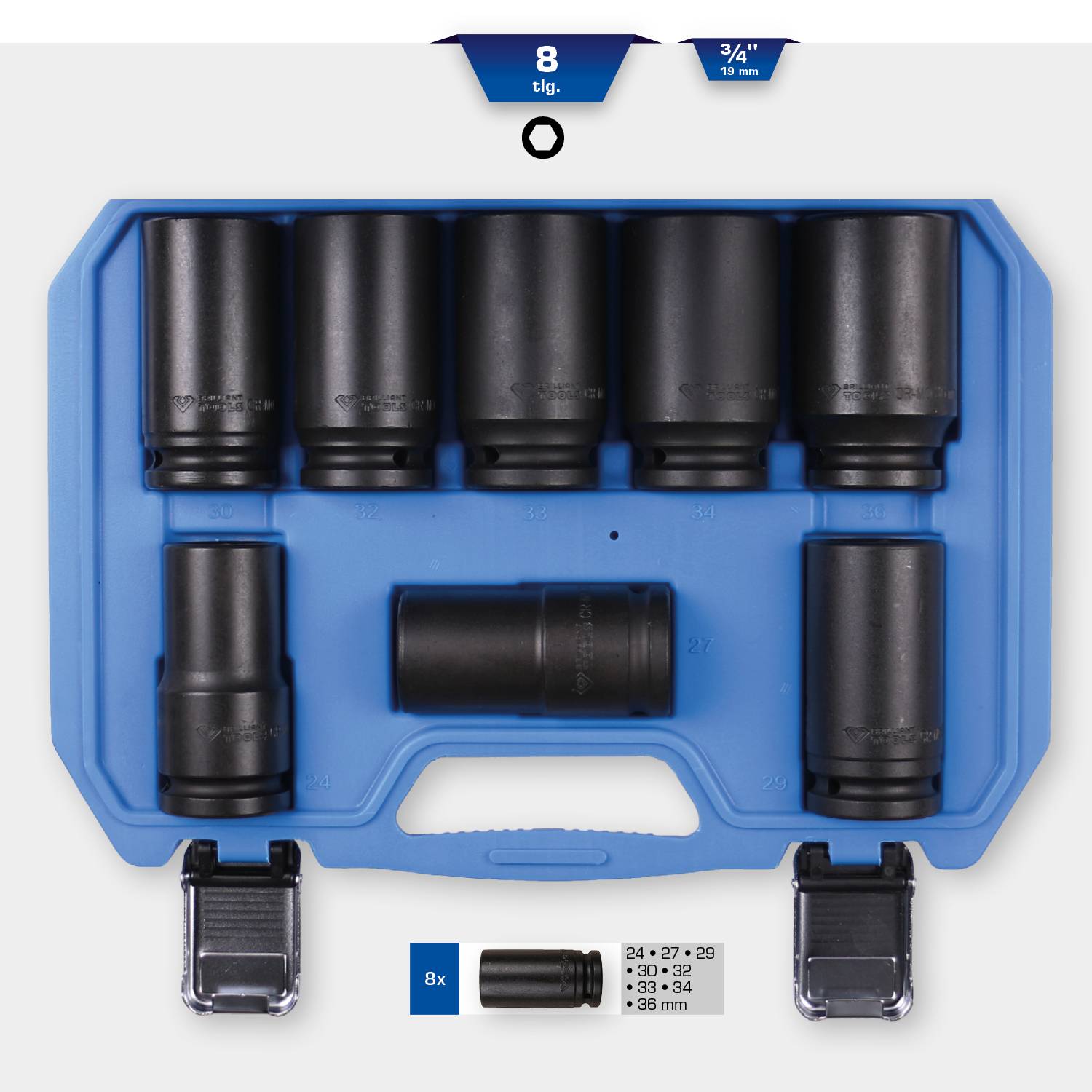 Niebieski kufer na narzędzia z ośmioma czarnymi nasadkami w różnych rozmiarach, umieszczonymi w poszczególnych przegródkach.