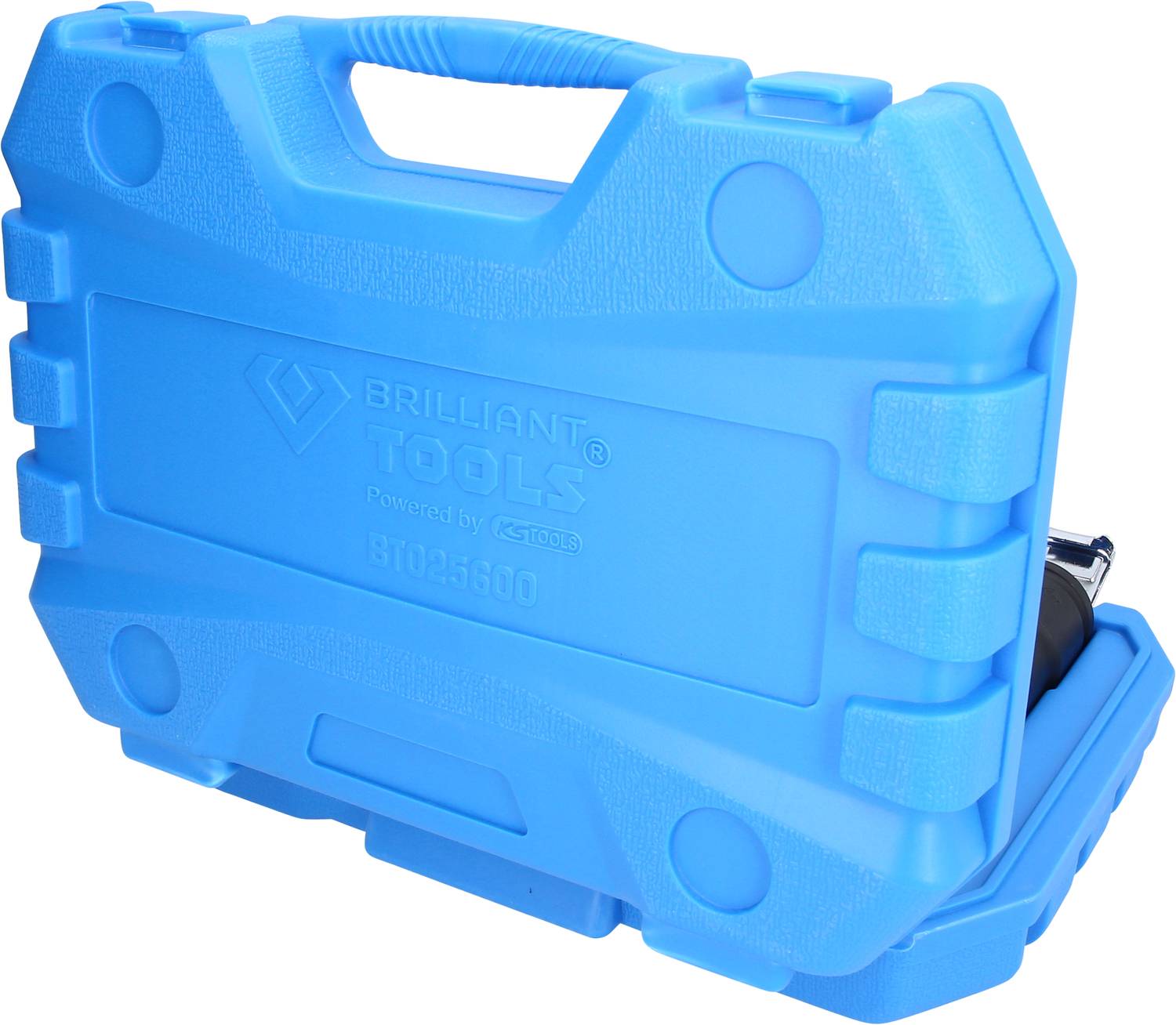 Niebieski kufer na narzędzia z uchwytem transportowym, wytrzymałą konstrucją i napisem 'BRILLIANT TOOLS'. Kufer jest lekko otwarty.