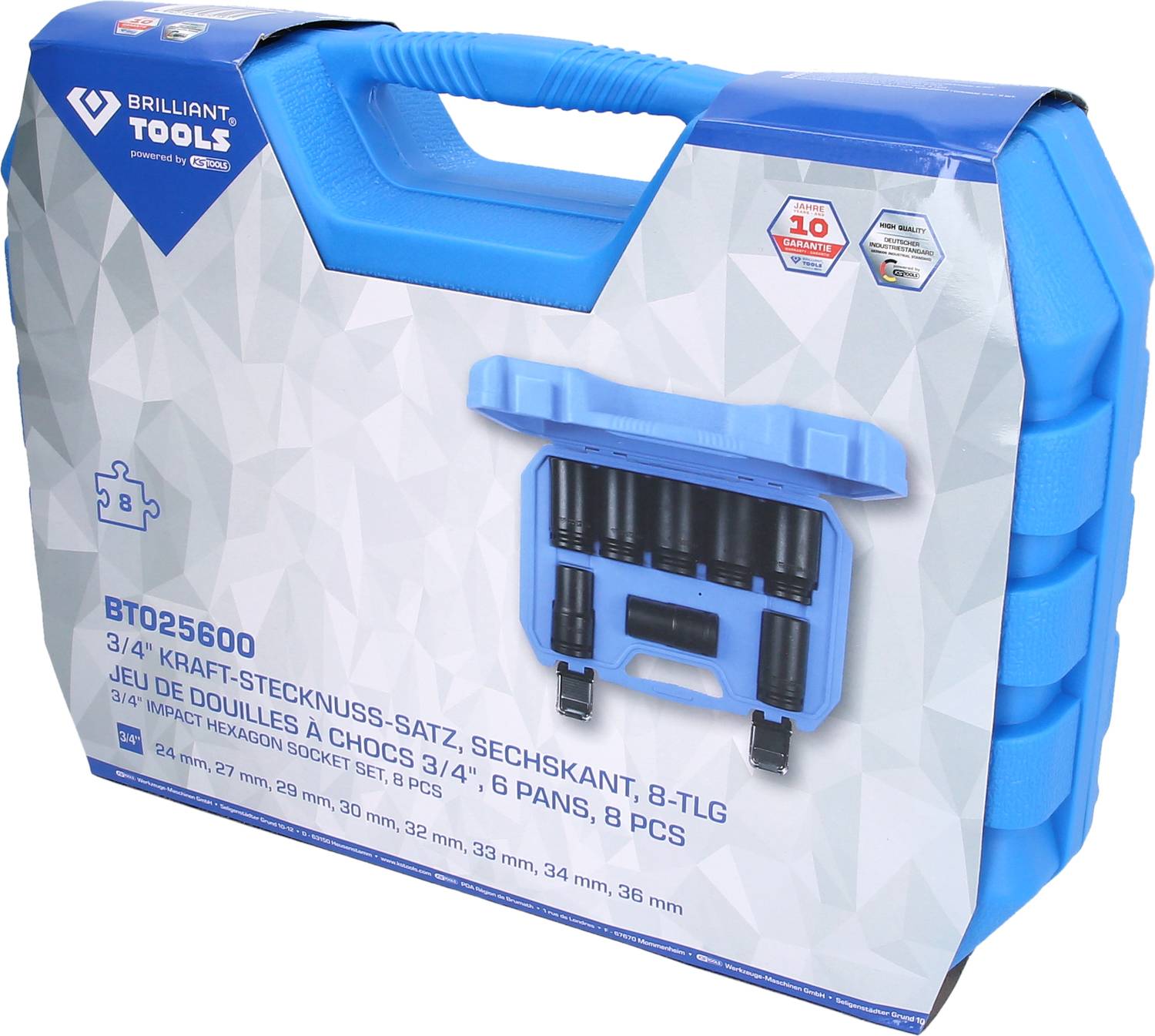 Zestaw kluczy nasadowych 'Brilliant Tools' w niebieskiej walizce, 8-częściowy, 3/4 cala. Opakowanie z ilustracją zawartości i logo.