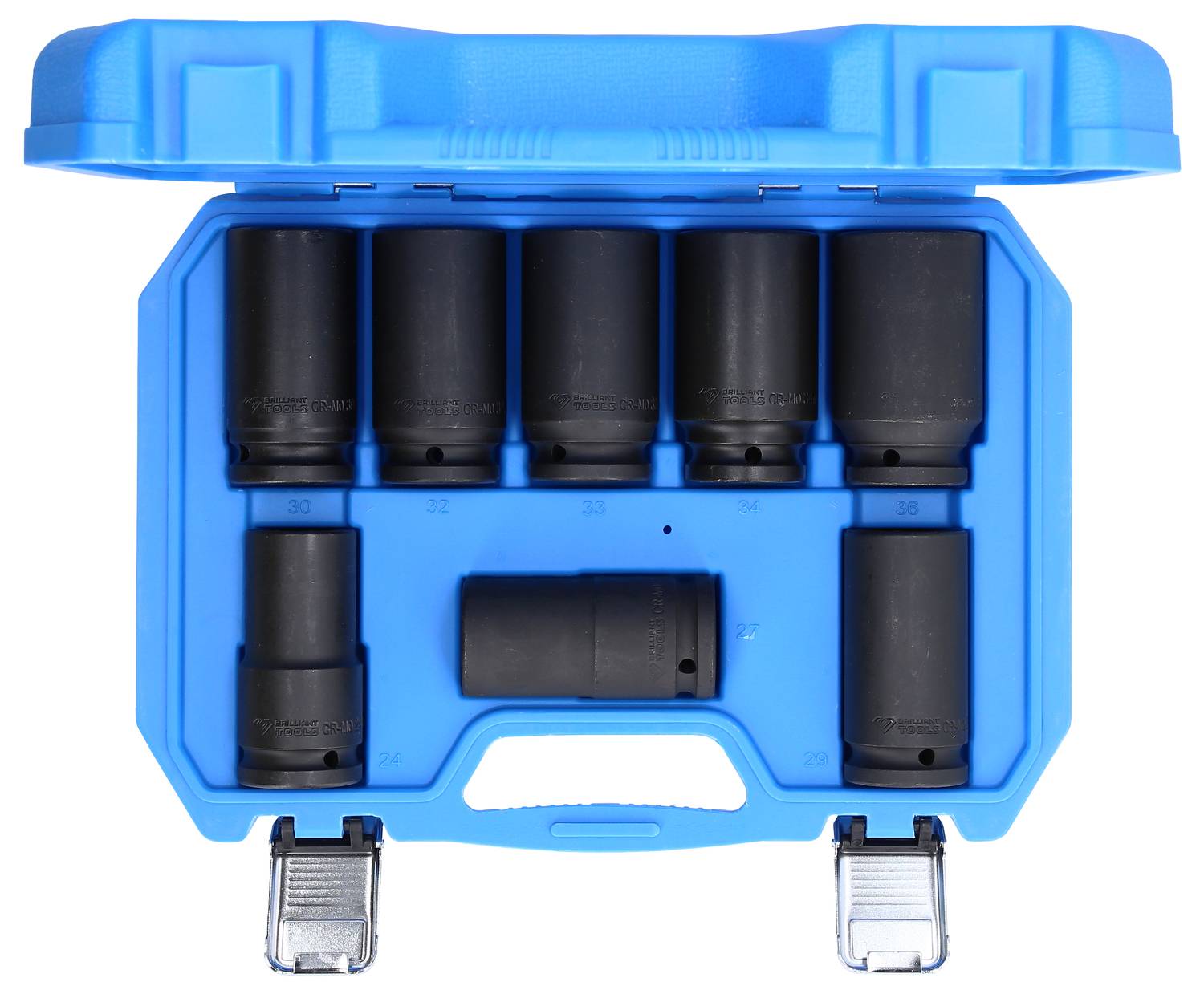 Niebieska skrzynka narzędziowa z ośmioma czarnymi kluczami nasadowymi w różnych rozmiarach, starannie ułożonymi we wewnętrznej przegródce.