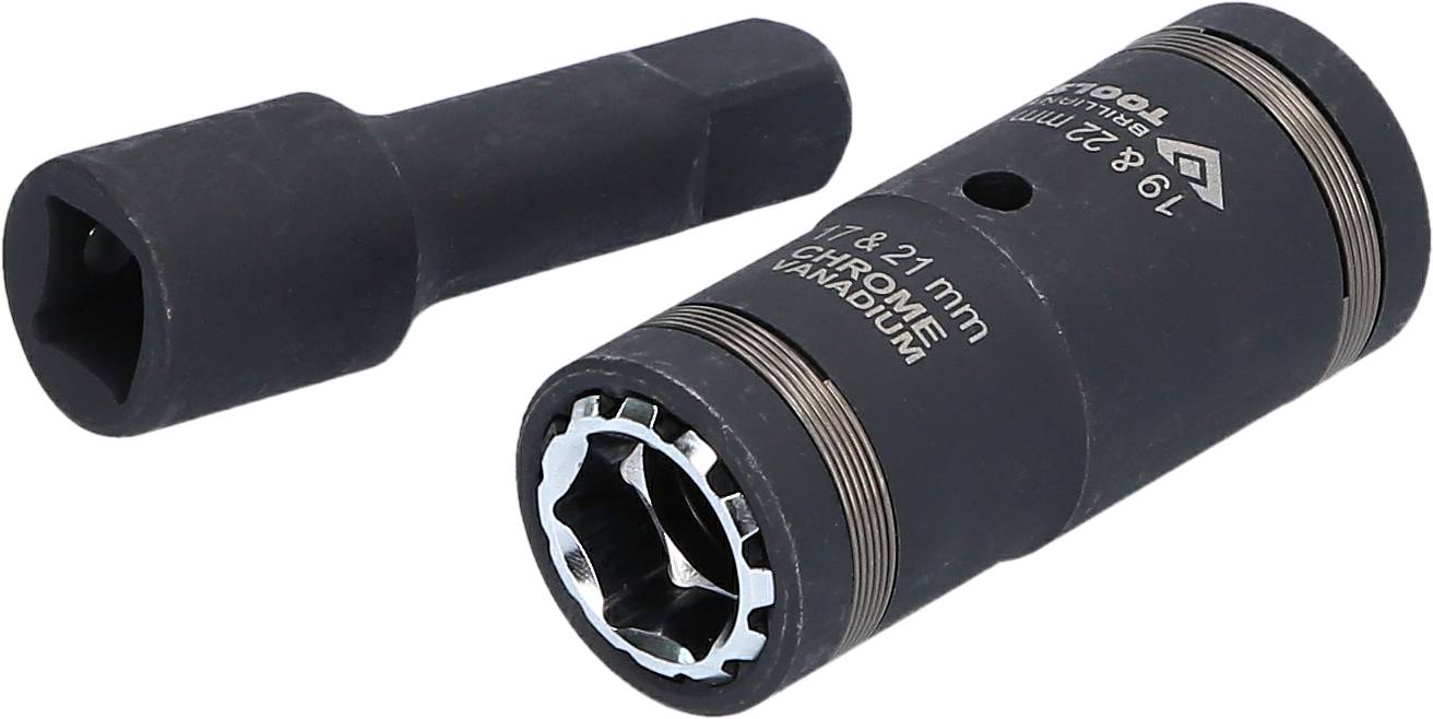 'Dwa czarne klucze wielozębne, jeden z uchwytem na bity, drugi z sześciokątnym profilem 19 i 21 mm, wykonane ze stali chromowo-wanadowej.'