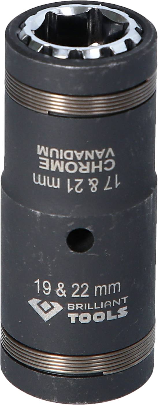 Czarny klucz nasadowy z oznaczeniami '19 i 22 mm' oraz '17 i 21 mm', marka 'Brilliant Tools', wykonany ze stali chromowo-wanadowej.