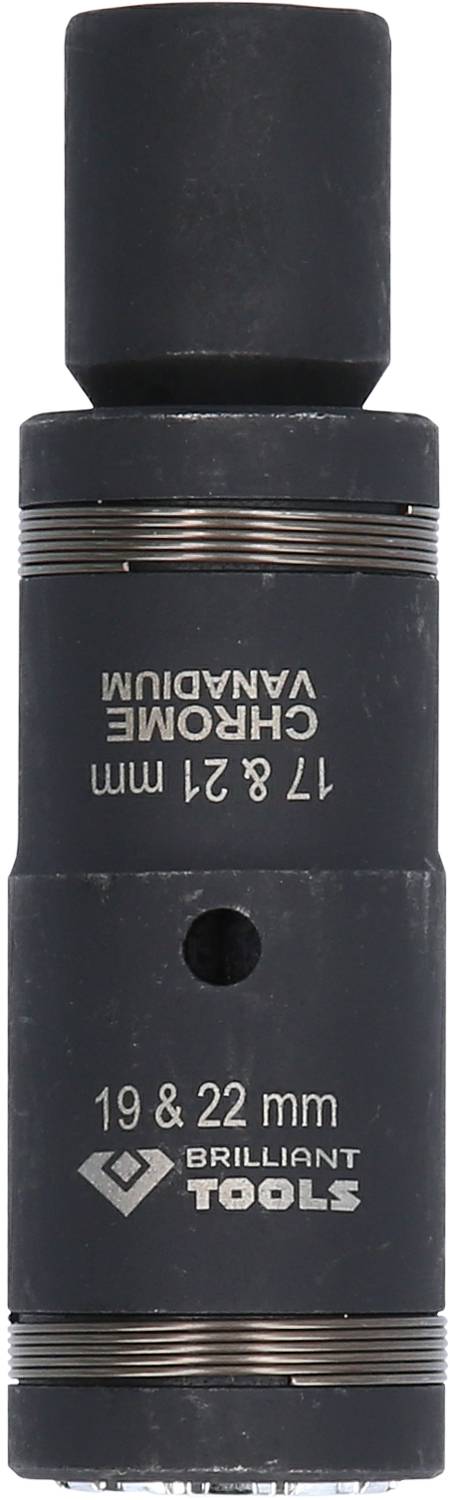 Nasadka z napisem '17 i 21 mm Chrome Vanadium, 19 i 22 mm', wyprodukowana przez Brilliant Tools.
