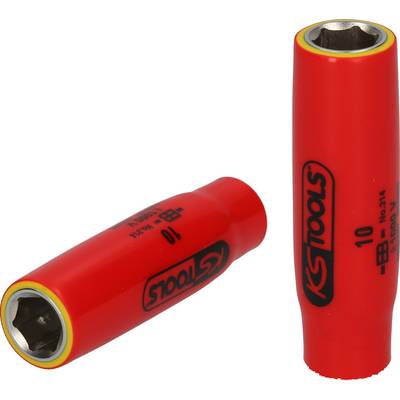 Dwa czerwone klucze nasadowe KS Tools z żółtą krawędzią na otwartej stronie, o rozmiarze 10 mm, ustawione w pozycji stojącej i leżącej.