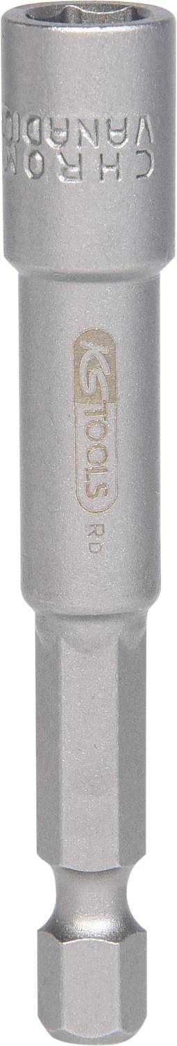 Srebrny magnetyczny uchwyt na końcówki wkrętakowe o sześciokątnym kształcie bazowym, przeznaczony do mocowania metalowych grotów wkrętaków.