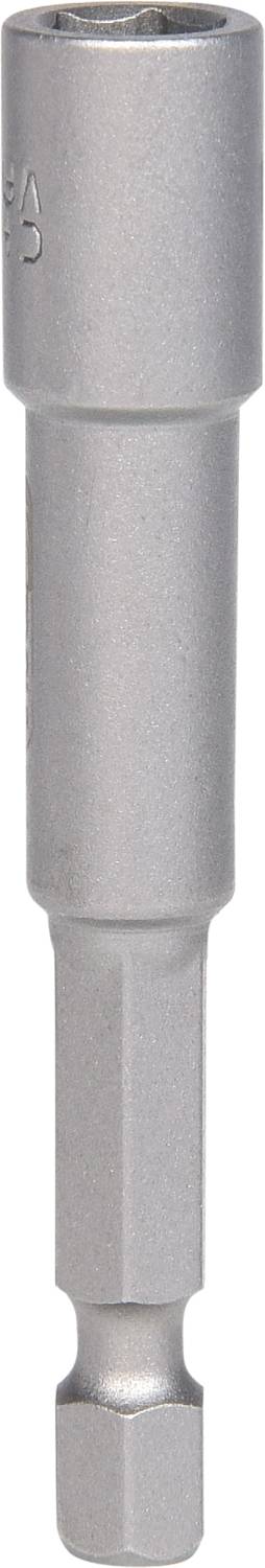 Srebrny klucz nasadowy o sześciokątnym kształcie z adapterem do wiertarek lub wkrętarek, przeznaczony do nakrętek i śrub.